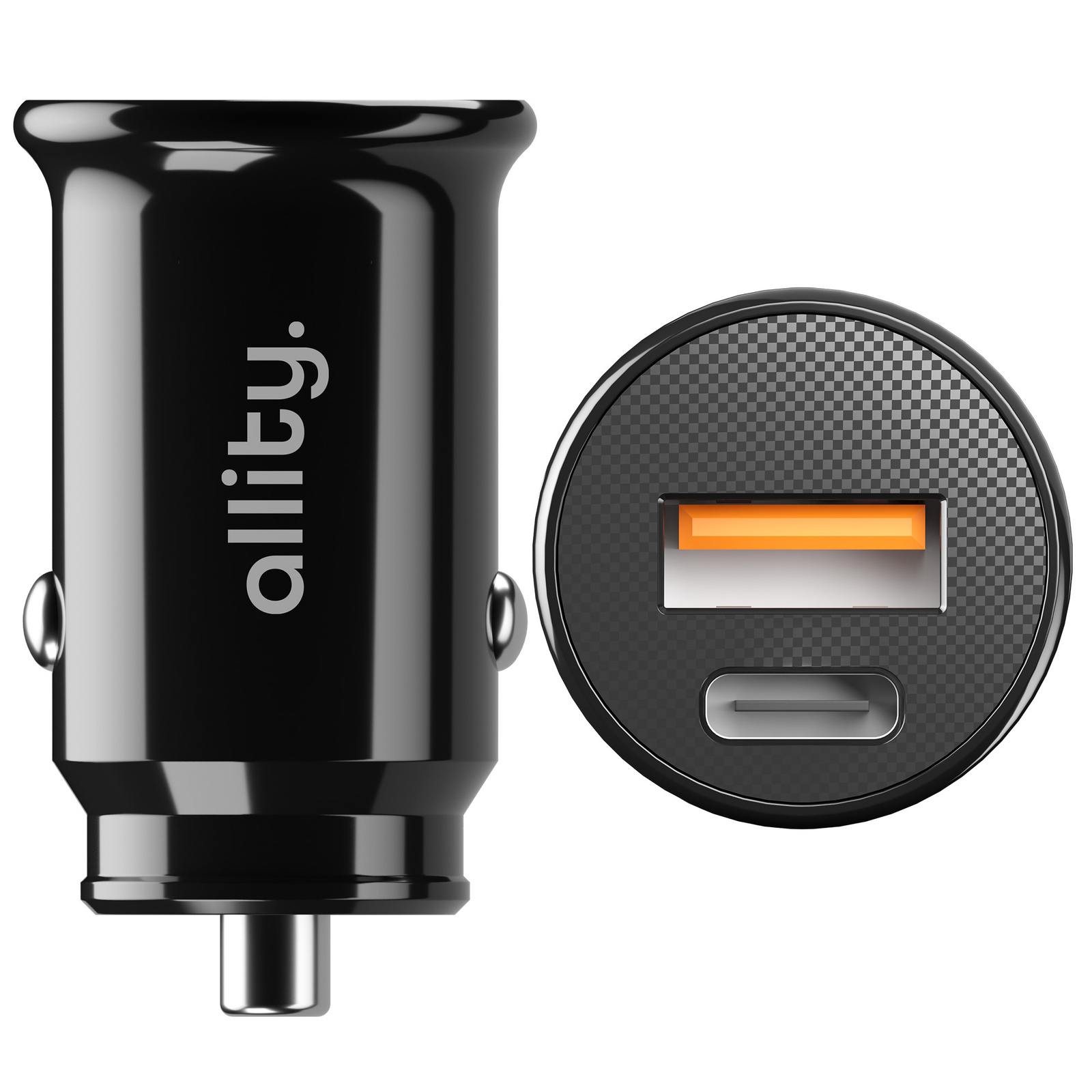 Fekete autós töltő 'allity' logóval. USB és USB-C portokkal rendelkezik. Fehér háttérrel.