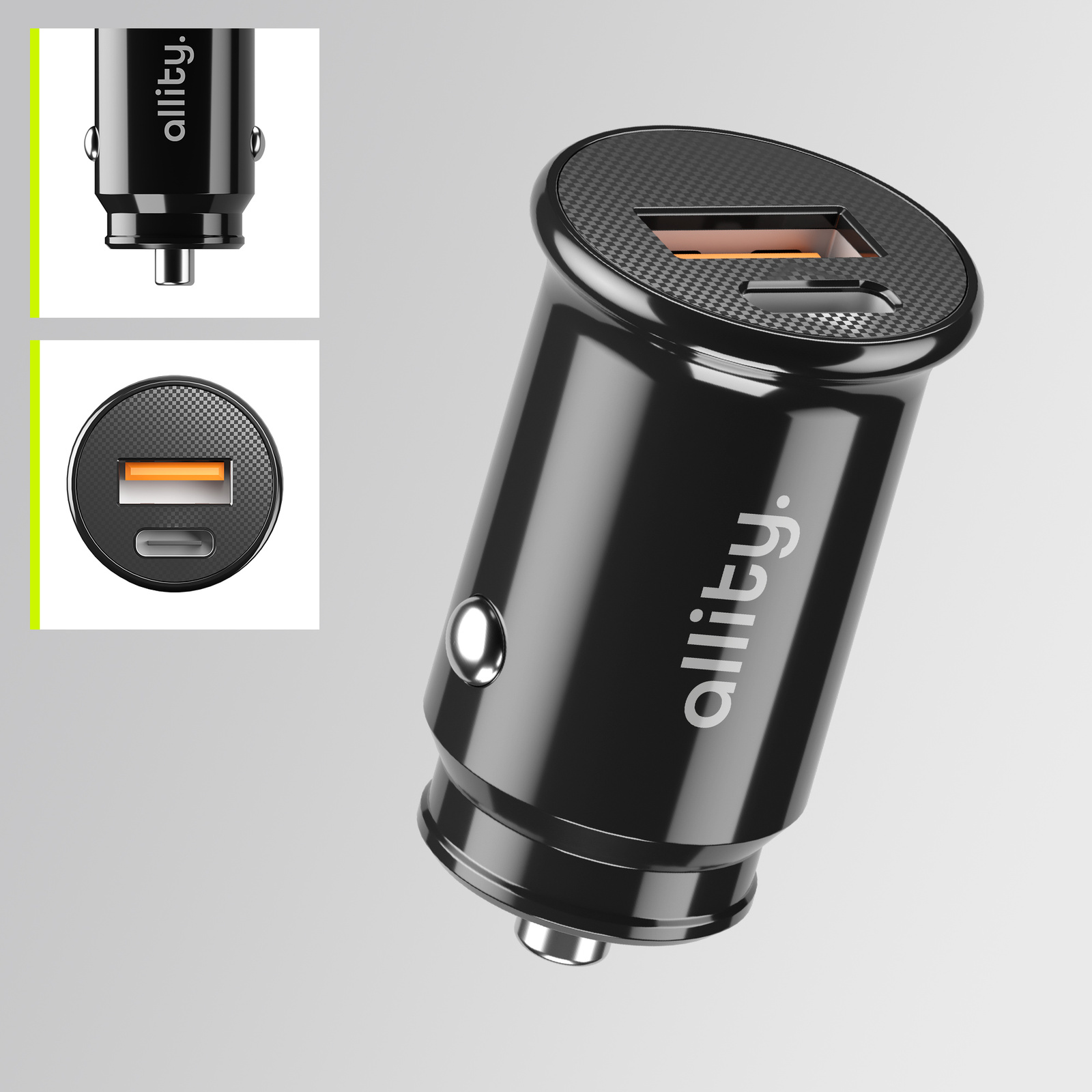 Fekete autós töltő, két USB porttal. Az "allity" márkanév a töltőre van nyomtatva.