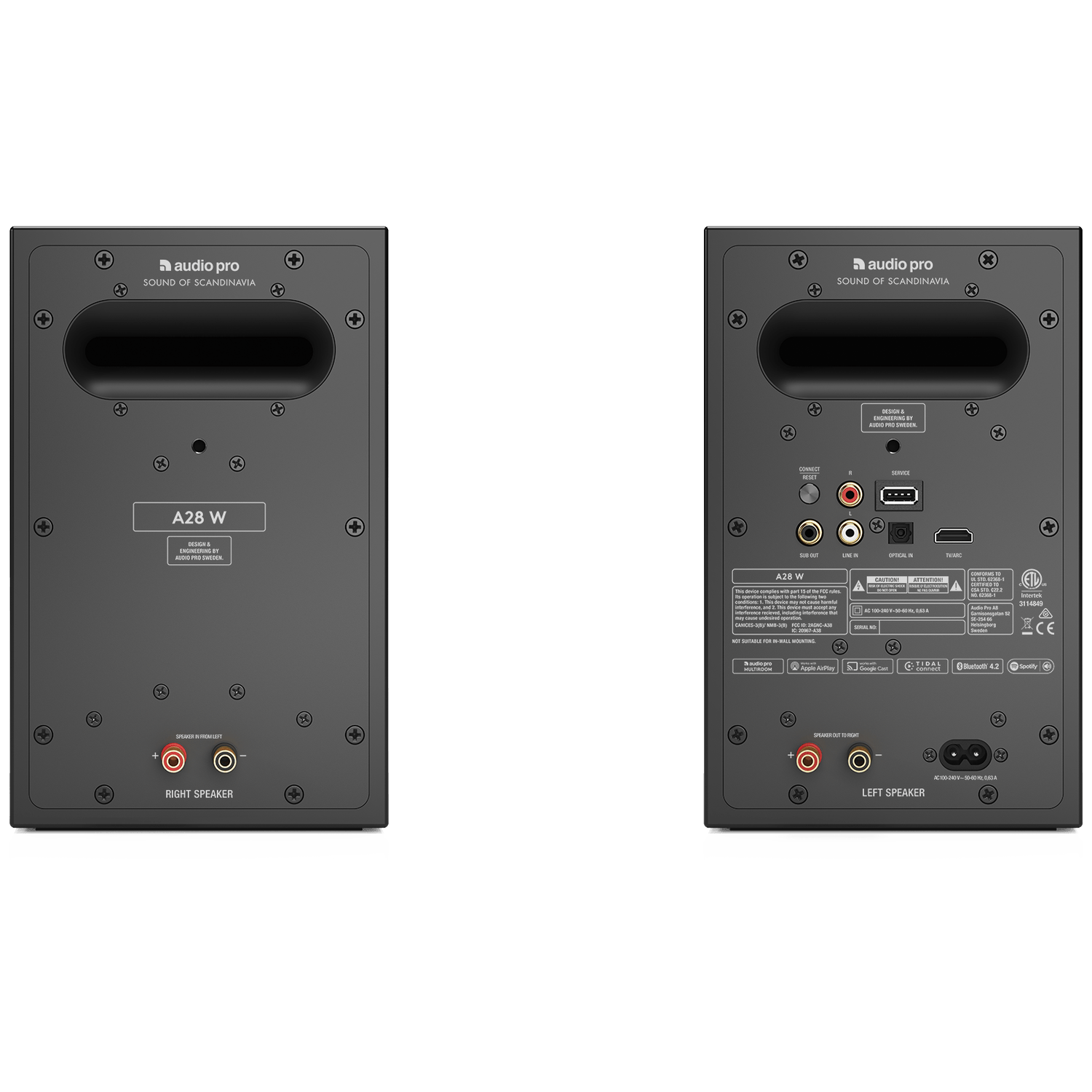 Twee zwarte audiospeakers, met het label A28 W, met aansluitpoorten en branding van Audio Pro. Eén is rechts, de andere is links.