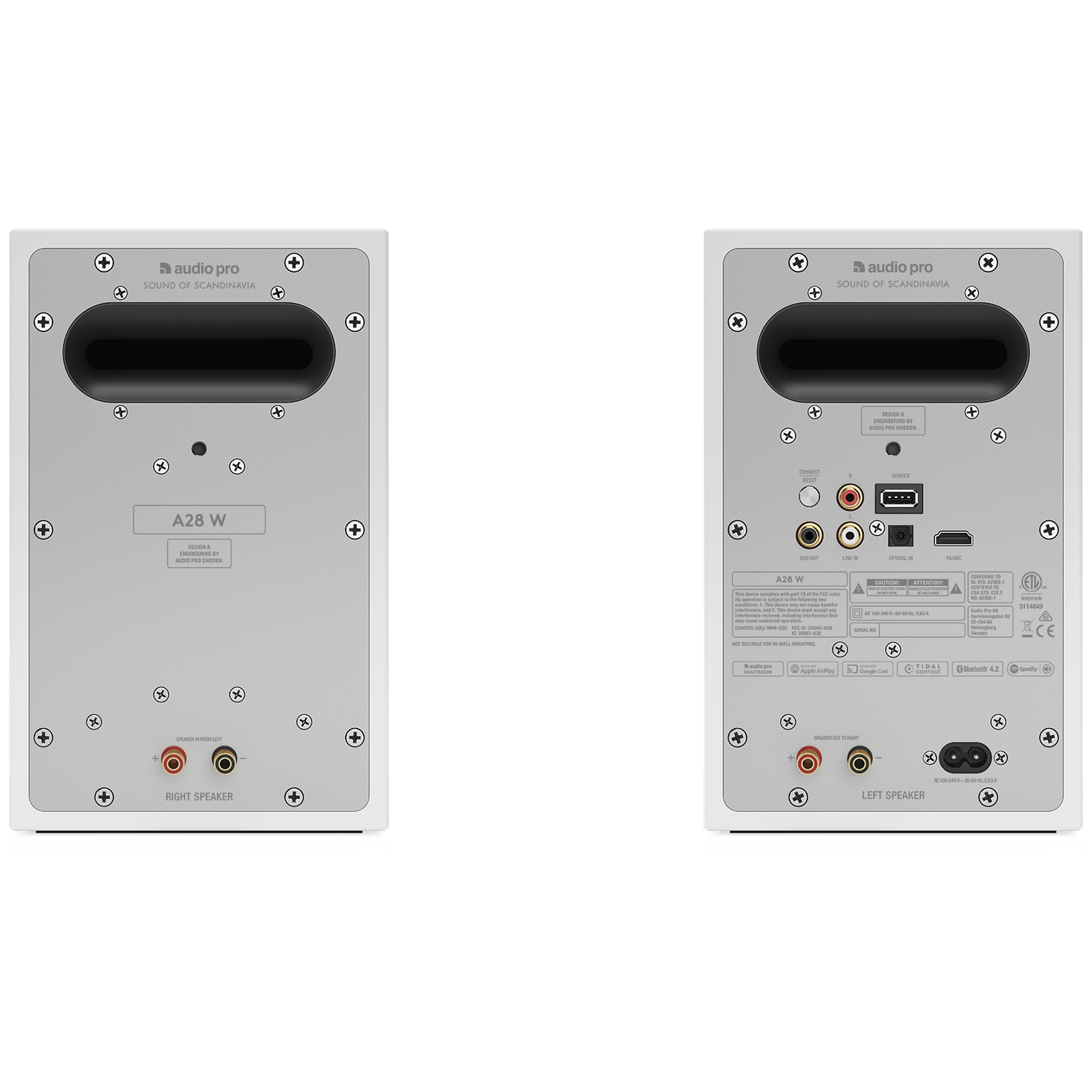 Twee witte Audio Pro A28 W luidsprekers. De achterkanten tonen connectoren, labels en logo's.