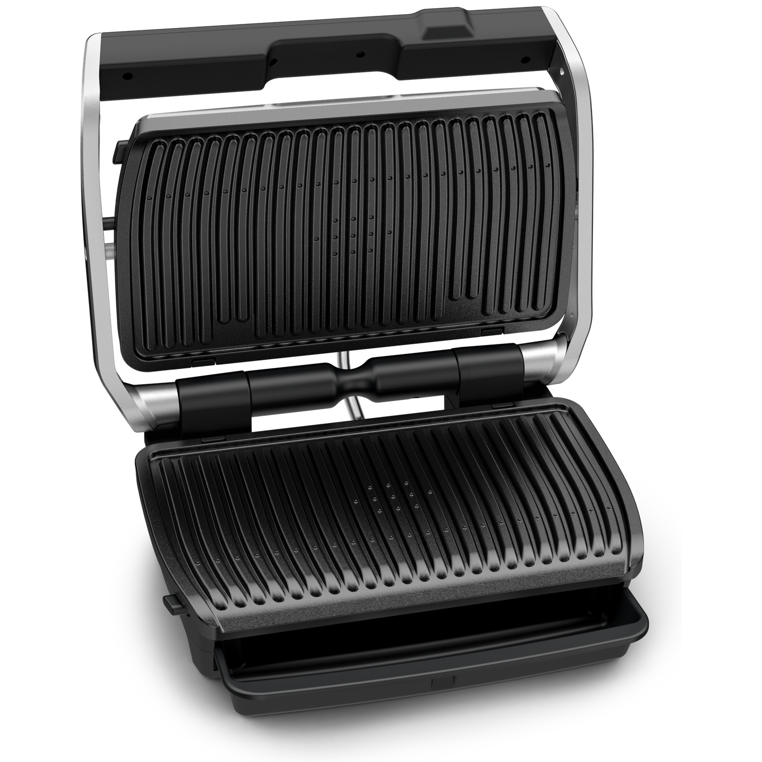 Une presse à panini noire et argentée ouverte sur fond blanc. Les plaques de cuisson sont rainurées. La poignée est noire.
