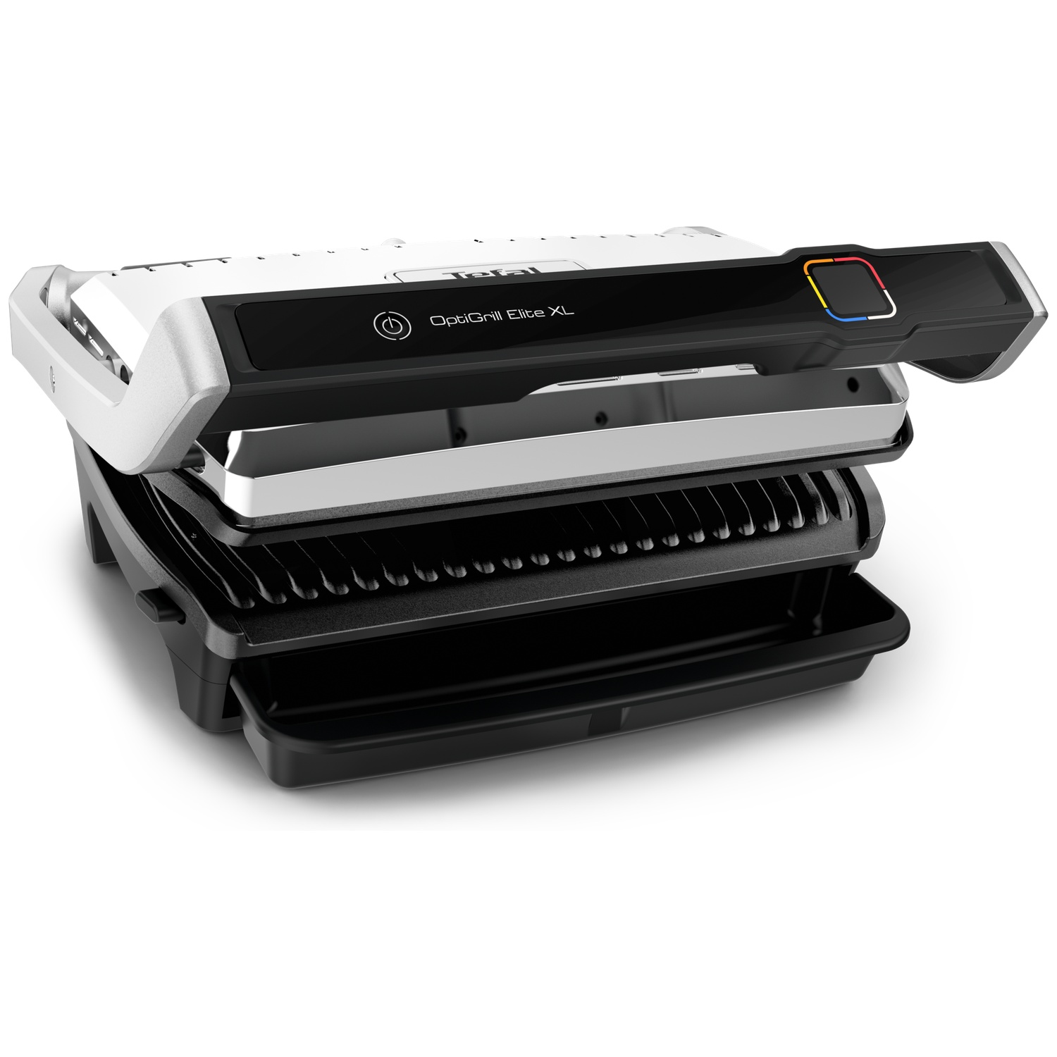 Un Tefal OptiGrill Elite XL ouvert, noir et blanc, avec une surface de cuisson et un panneau de commande. Le fond est blanc.