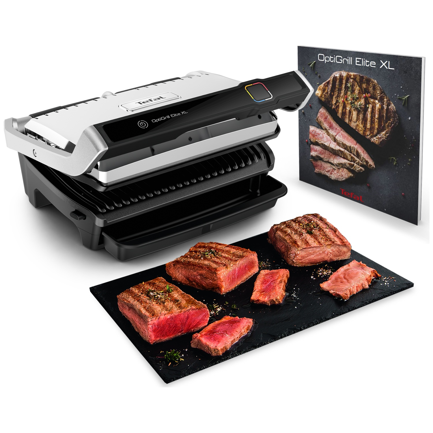Un OptiGrill Elite XL, des steaks sur une planche noire et un livre de cuisine sont présentés. Les steaks sont grillés. Le grill est argenté et noir.