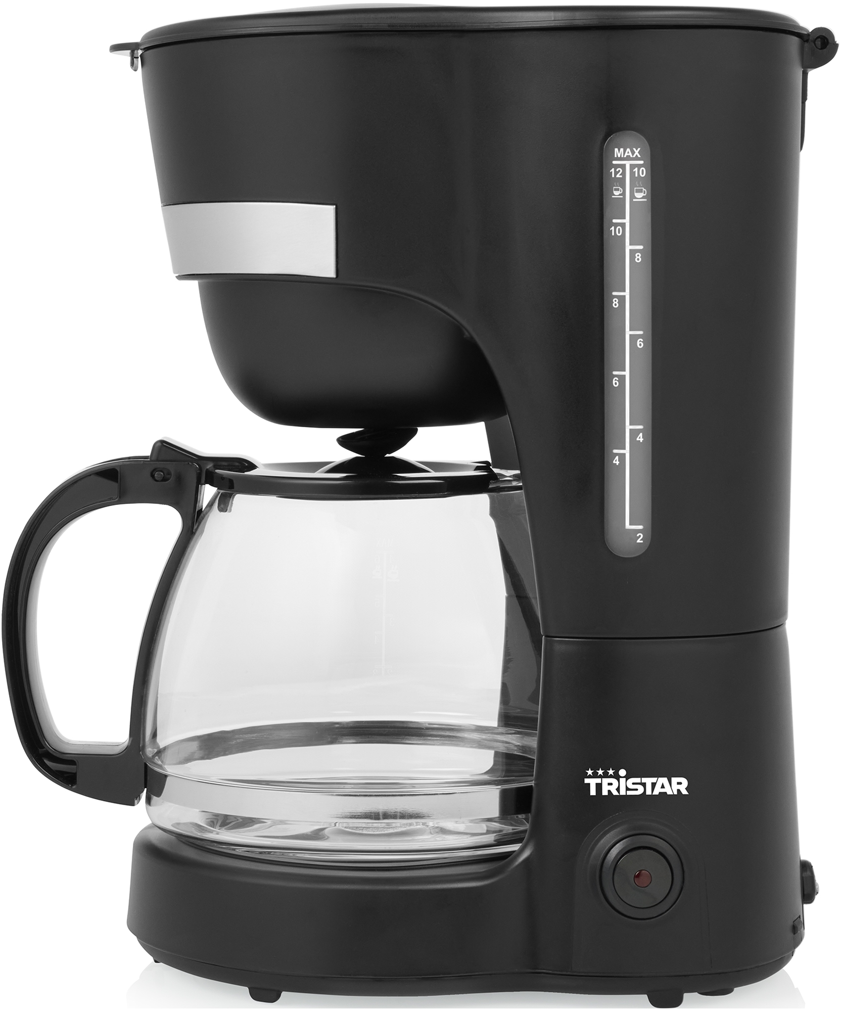 Una caffettiera nera con una caraffa di vetro. Ha un indicatore del livello dell'acqua. Il marchio è Tristar.
