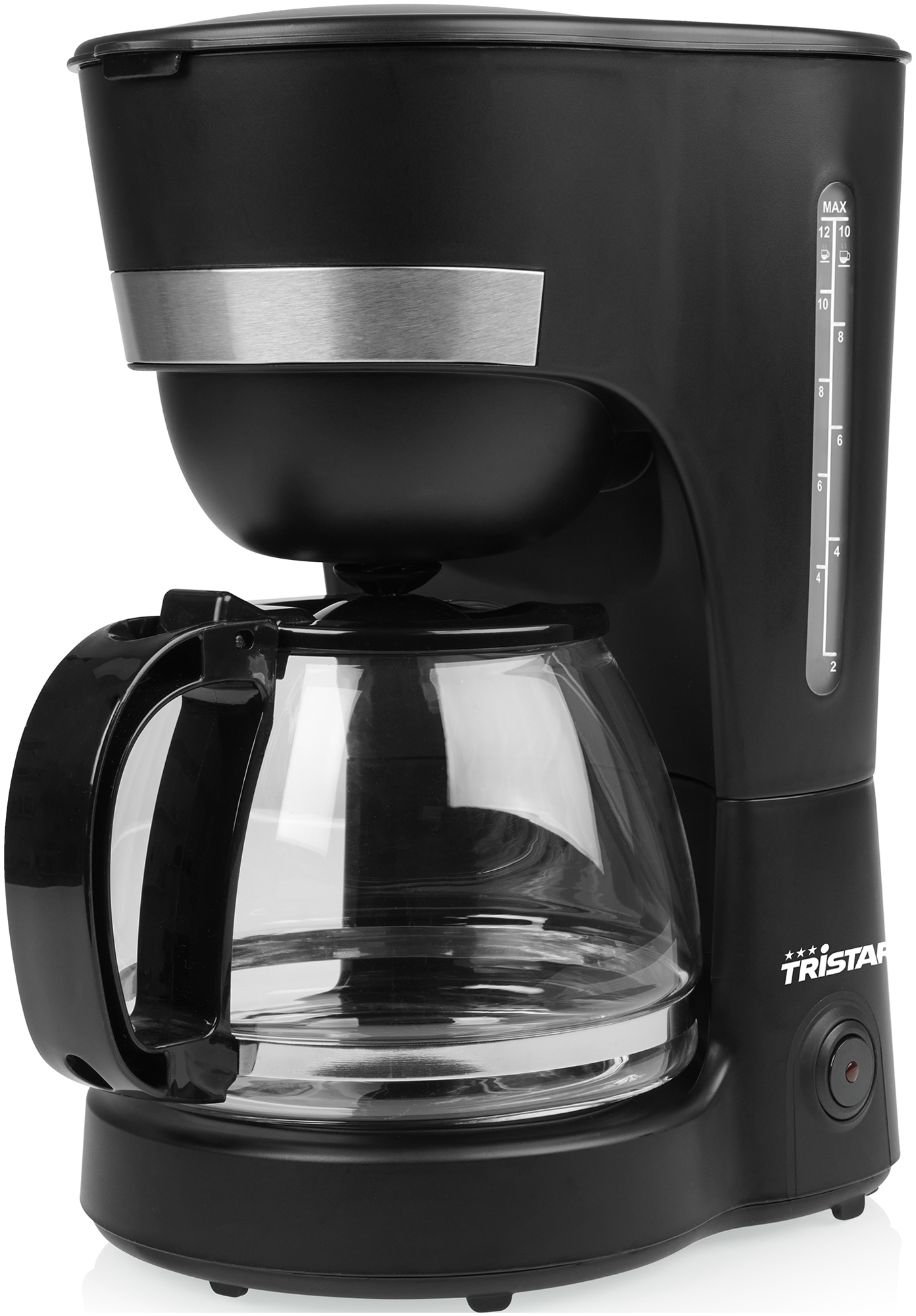 Macchina da caffè nera con caraffa in vetro e finiture argentate. Ha un indicatore del livello dell'acqua e un interruttore on/off.