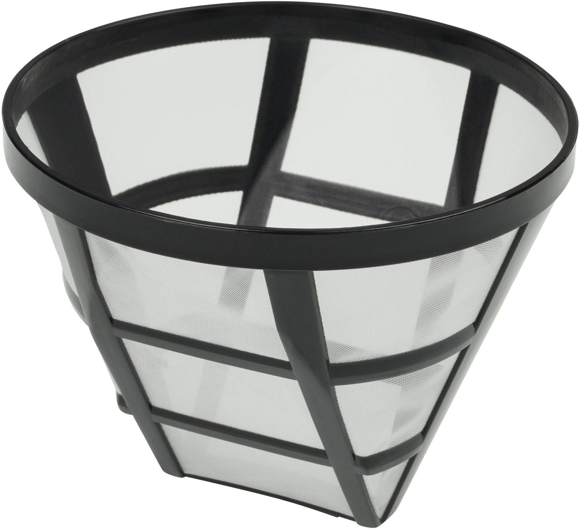 Un filtro per caffè nero con una rete fine. Ha la forma di un cono e si trova su uno sfondo bianco.