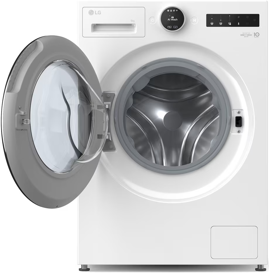 Eine weiße LG-Waschmaschine mit offener Tür. Die Tür ist grau, und die Maschine hat mehrere Knöpfe.