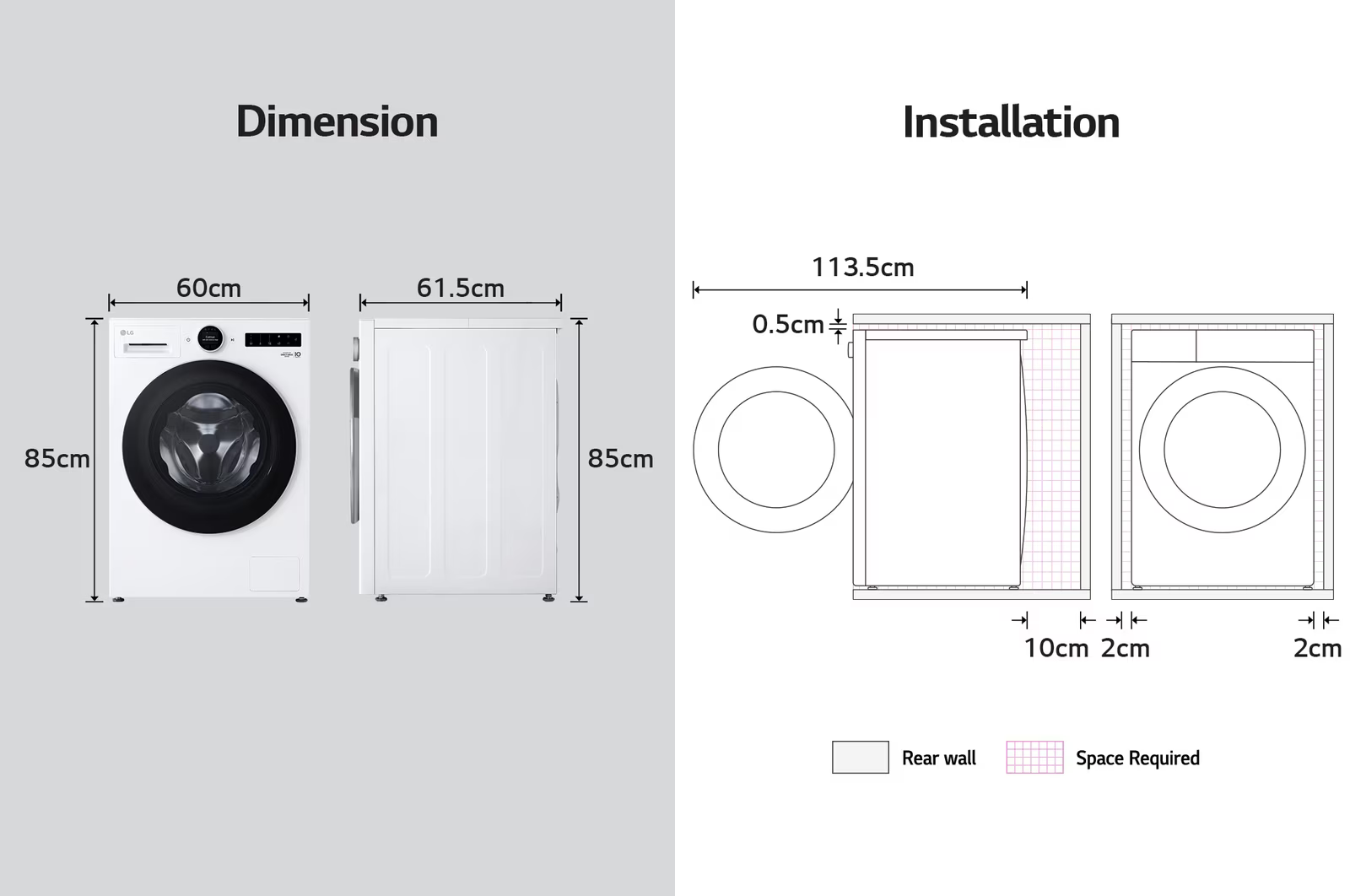 Diagramm einer weißen Waschmaschine. Zeigt Abmessungen: 60 cm breit, 85 cm hoch. Installationsanweisungen zeigen den benötigten Platz.