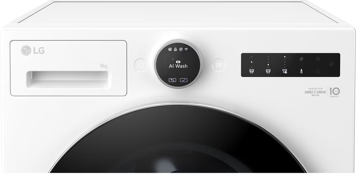 Weiße LG-Waschmaschine. Zu den Merkmalen gehören ein Bedienfeld, eine Tür und ein digitales Display. Es hat 'AI Wash' und 9 kg Kapazität.