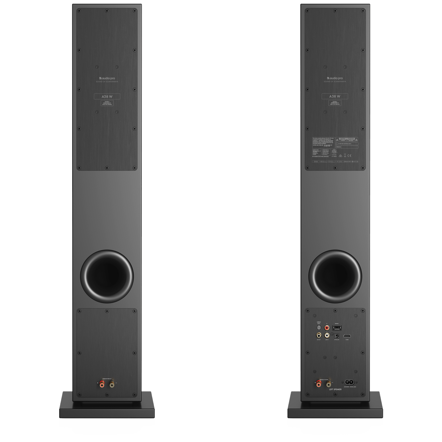 Twee zwarte Audio Pro A38 W luidsprekers. Elk is een hoge, rechthoekige kolom met een ronde baspoort en een voet.