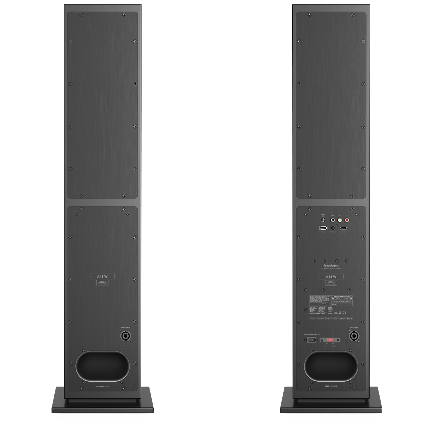 Two black rectangular speakers on black stands, facing backward. Each has a port and various connectors. The left speaker is labeled.