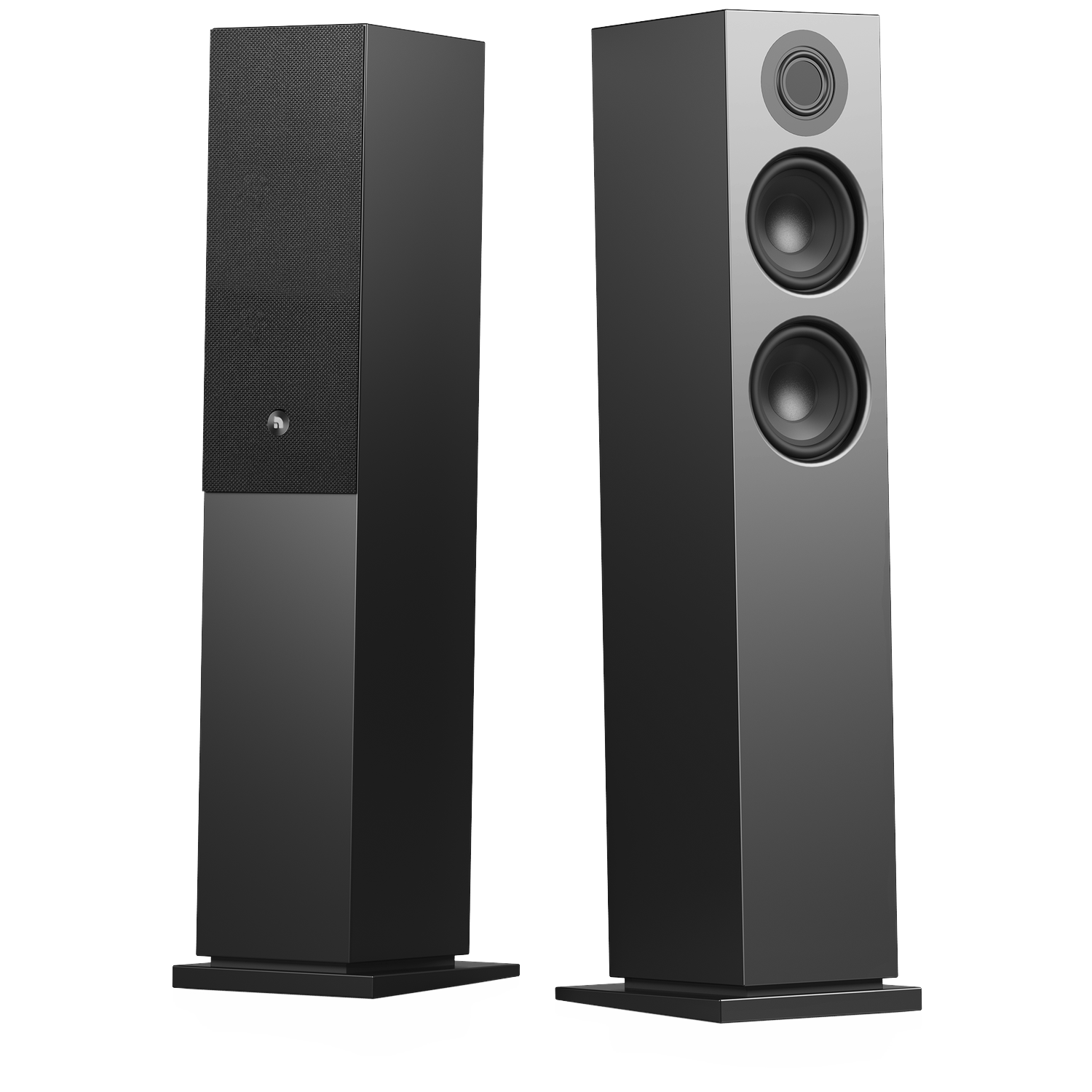 Two black speakers with a speaker cloth on one. They are upright and have different sized circular openings for sound.