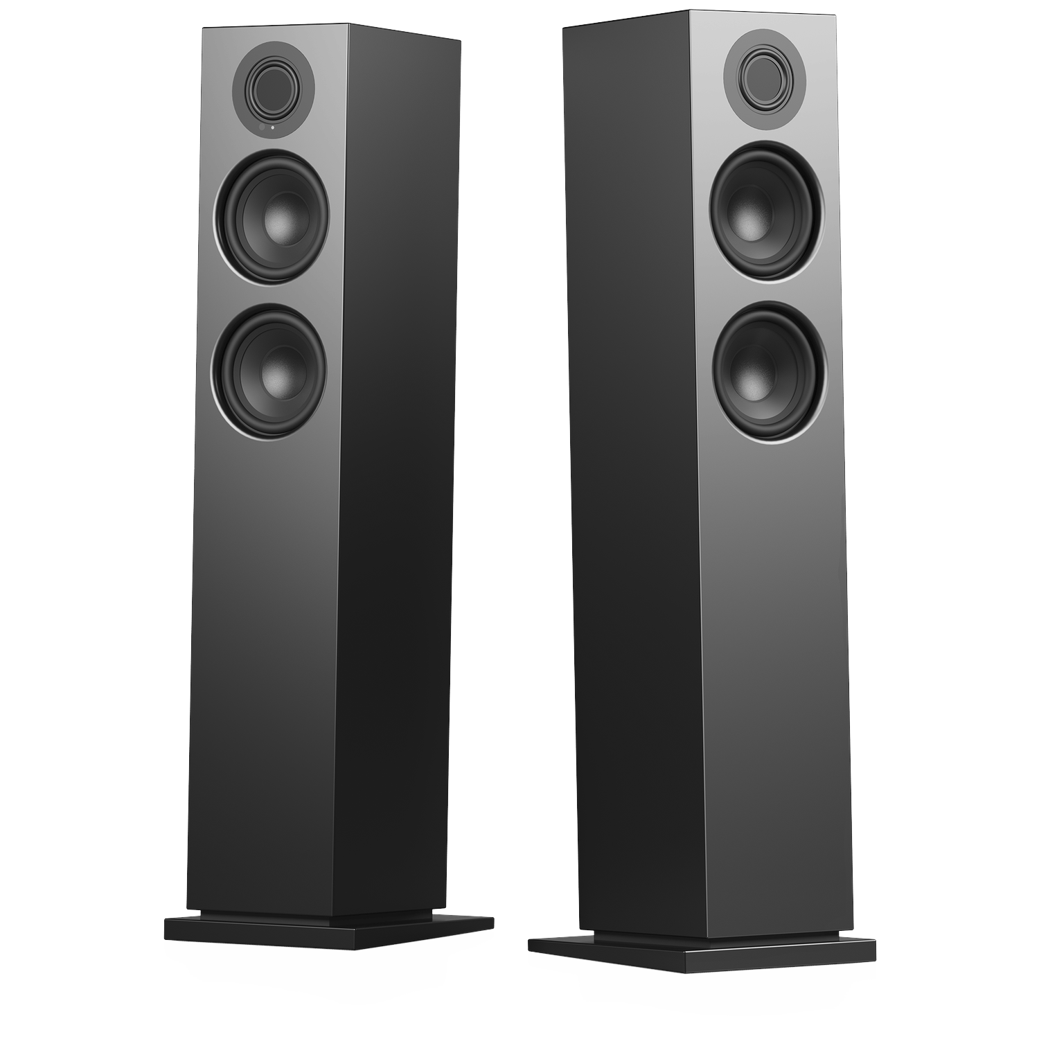 Two tall, black speakers on white background. Each has three circular drivers. They stand on small rectangular bases.