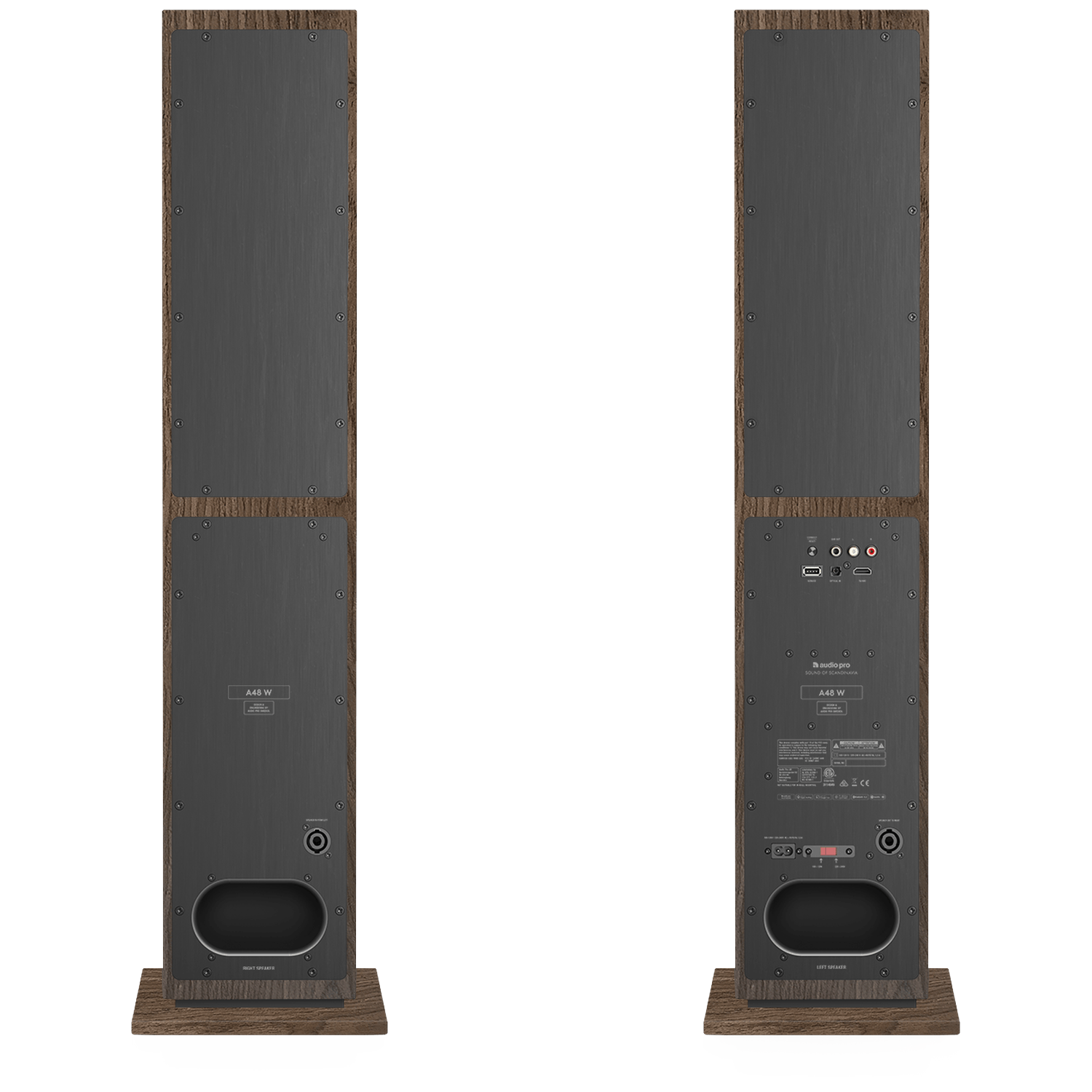 Two tall speakers with wooden frames and dark gray central panels. One has inputs, the other has a speaker port. Both are on wooden bases.