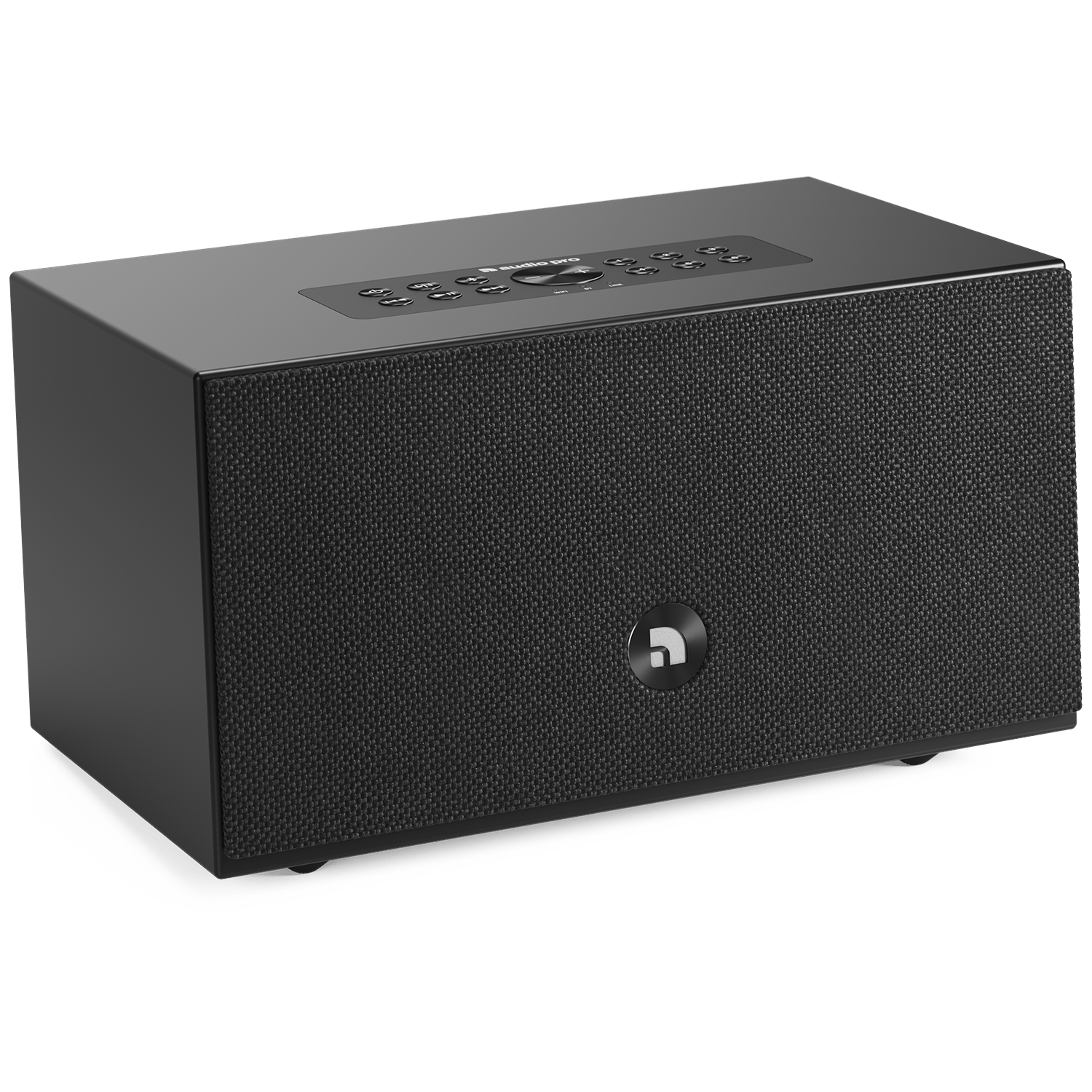 A black rectangular speaker with a mesh front, buttons on top, and a logo. It sits on a white surface.