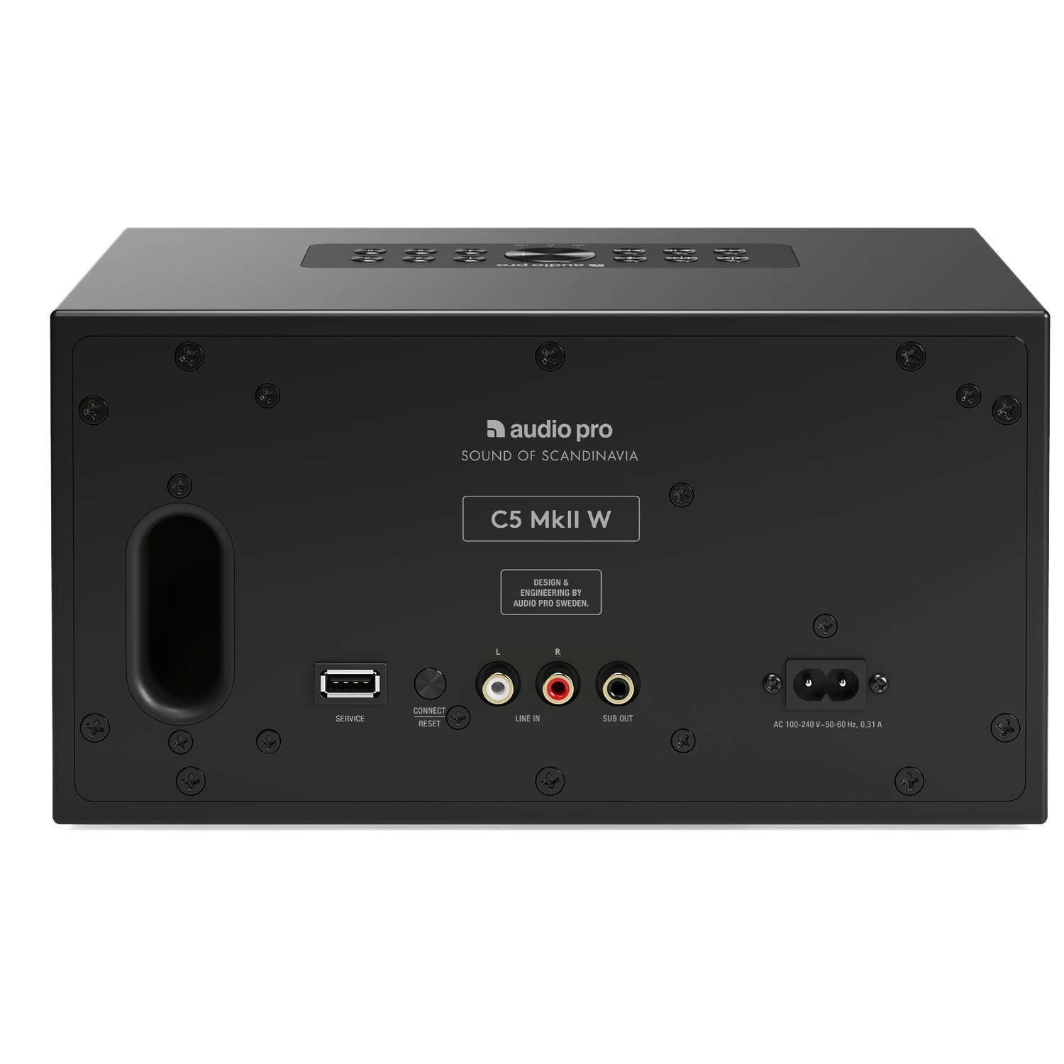Black Audio Pro speaker back. Ports include service, reset, line in, sub out, and power. Brand name and model are visible.