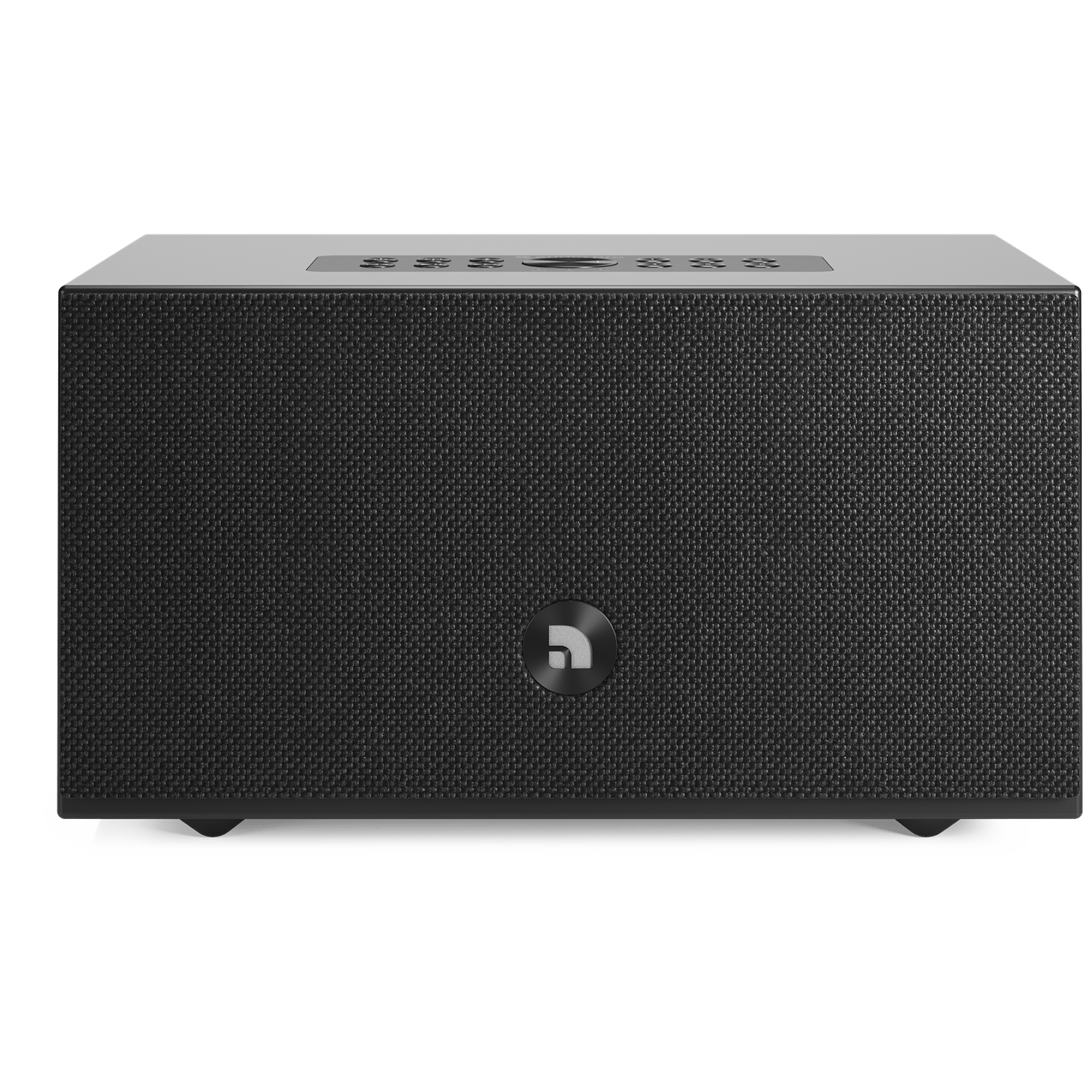 A black speaker with a mesh front, buttons on top, and a logo. It sits on a white background.