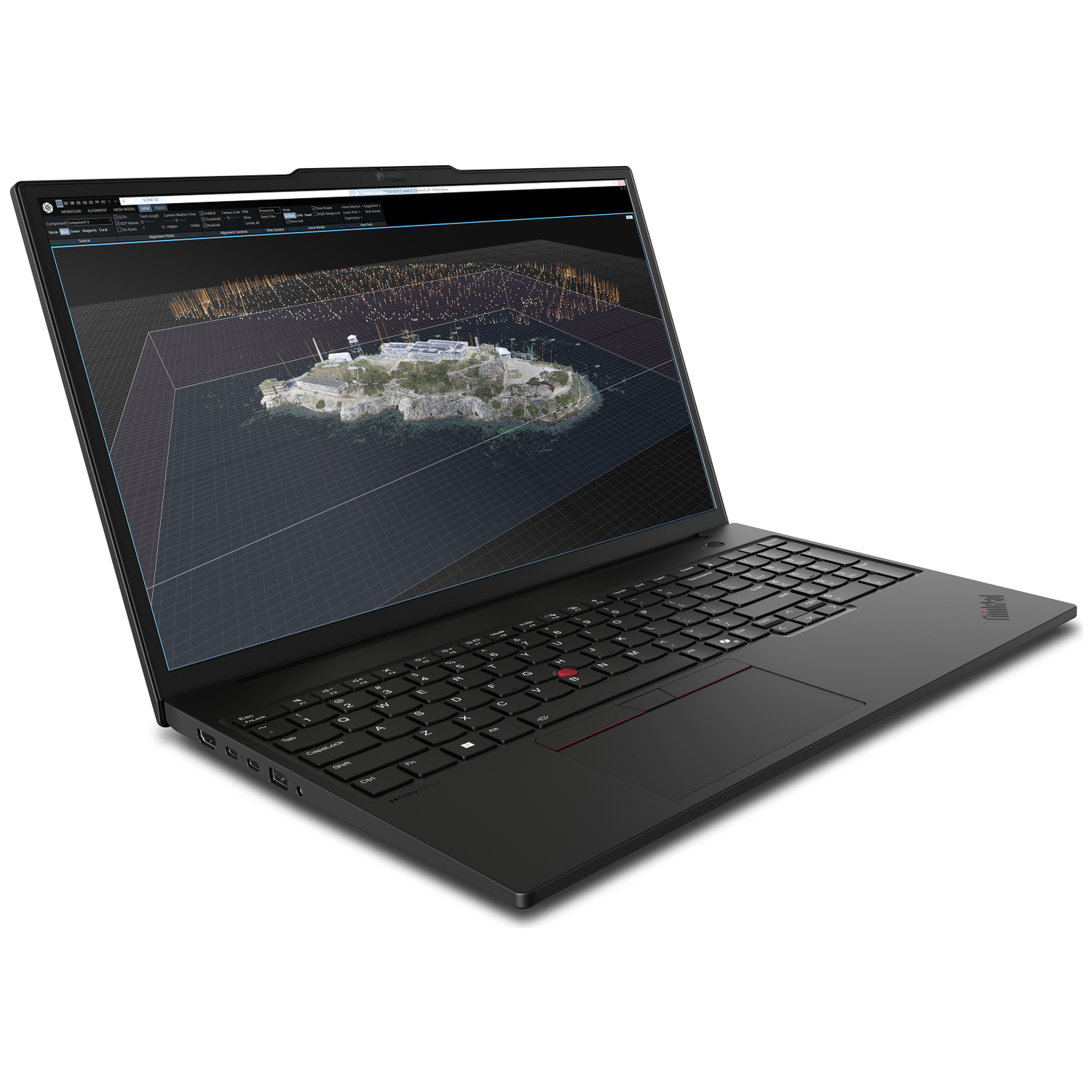 Black laptop displaying a 3D model of an island. Keyboard is visible. The laptop is set against a white background.