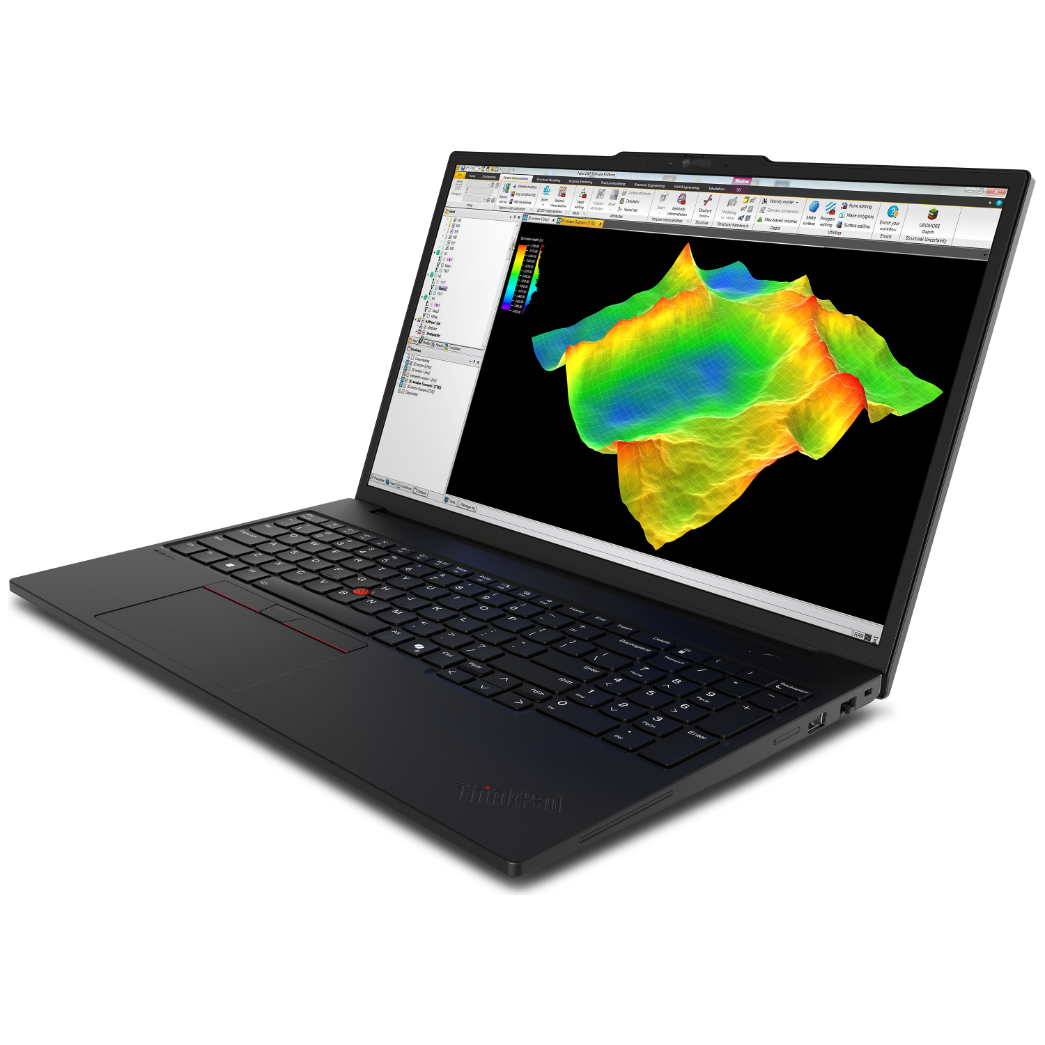 A black ThinkPad laptop displays a 3D topographic map with color gradients. The keyboard and screen are in focus against a white background.