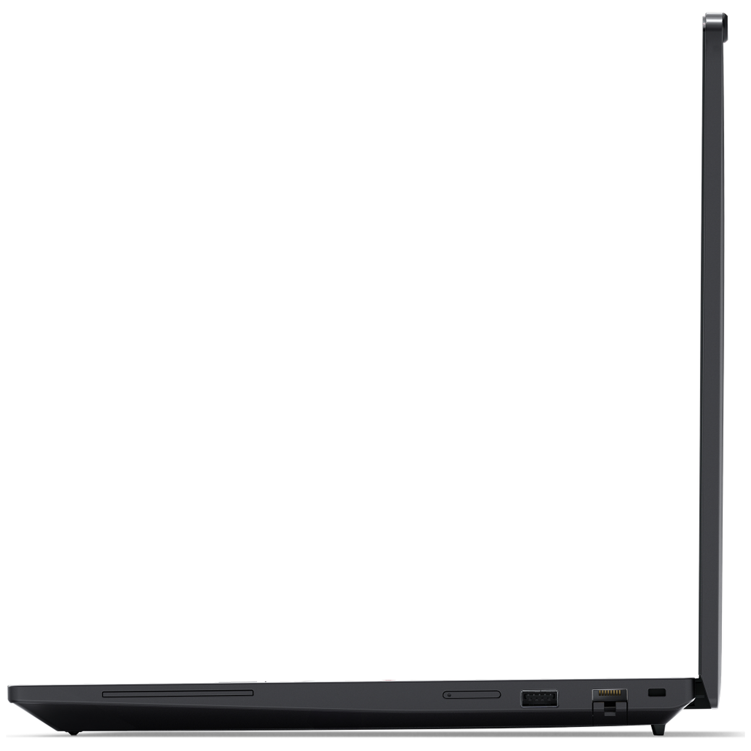 Side view of a black laptop. The screen is closed. Ports and a vent are visible on the side. The background is white.