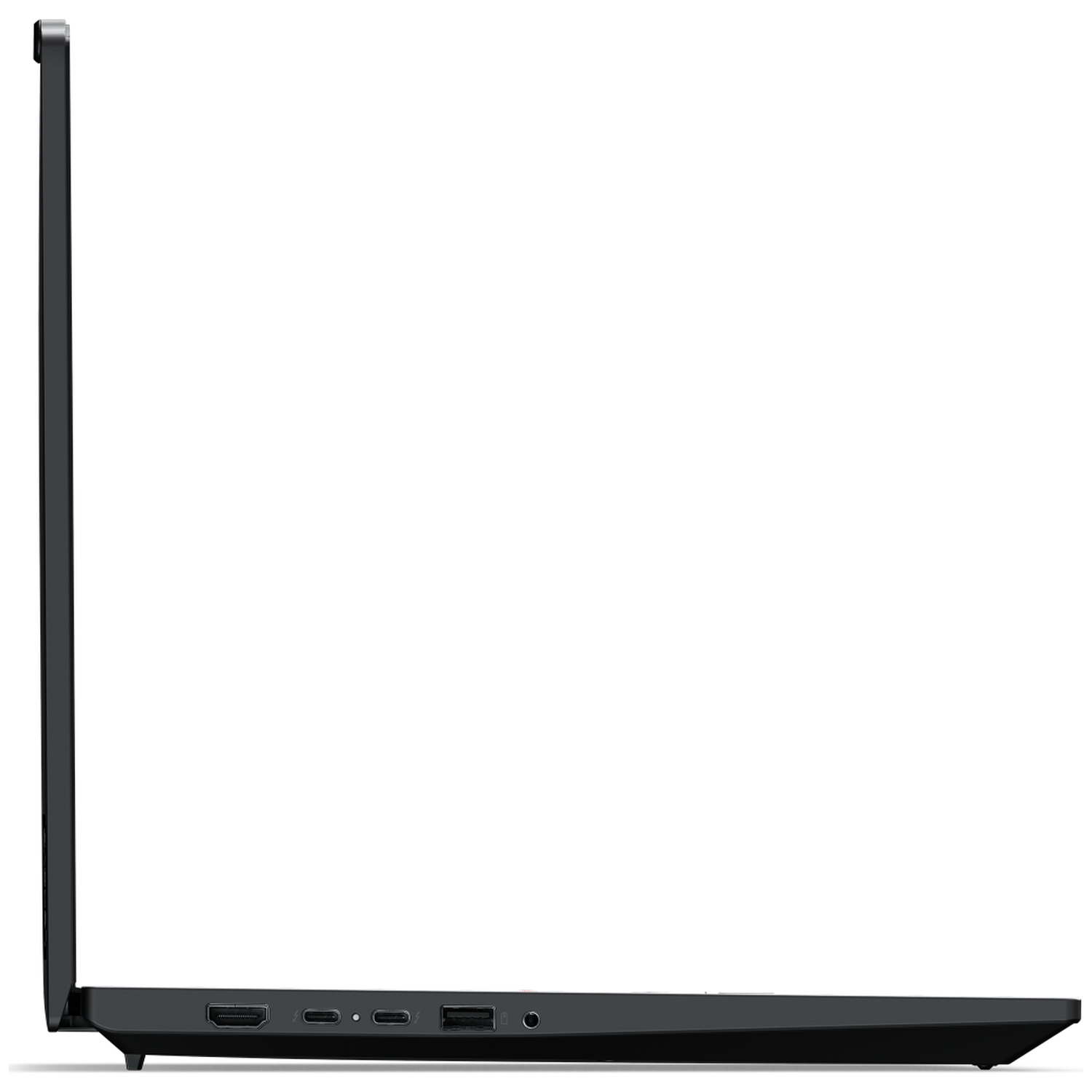 Side view of a black laptop. The screen is closed. Ports are visible along the base, including HDMI and USB.