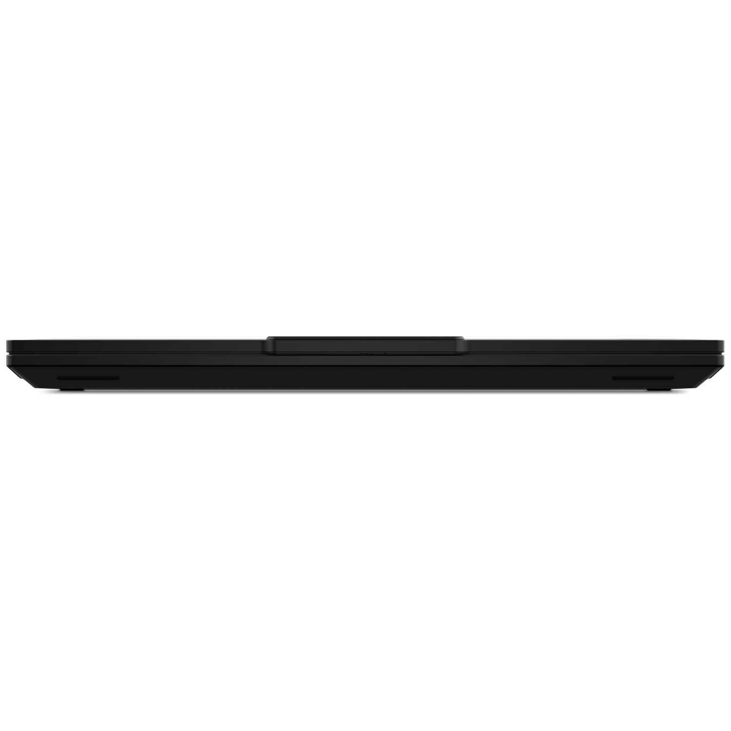 A black laptop base is seen against a white background. The laptop is closed and viewed from a side angle.