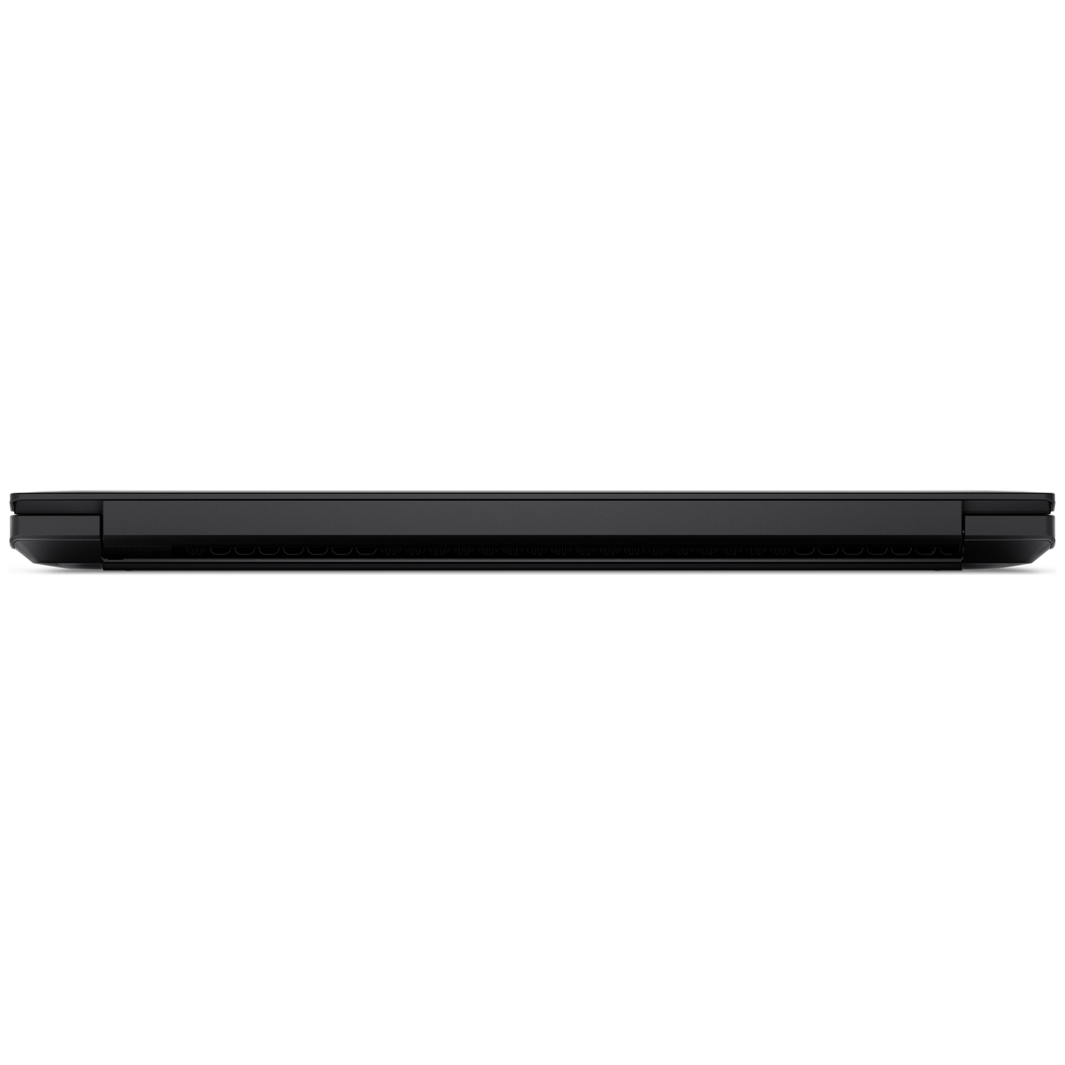 The side view of a closed black laptop on a white background. The laptop is rectangular and has vents along the side.