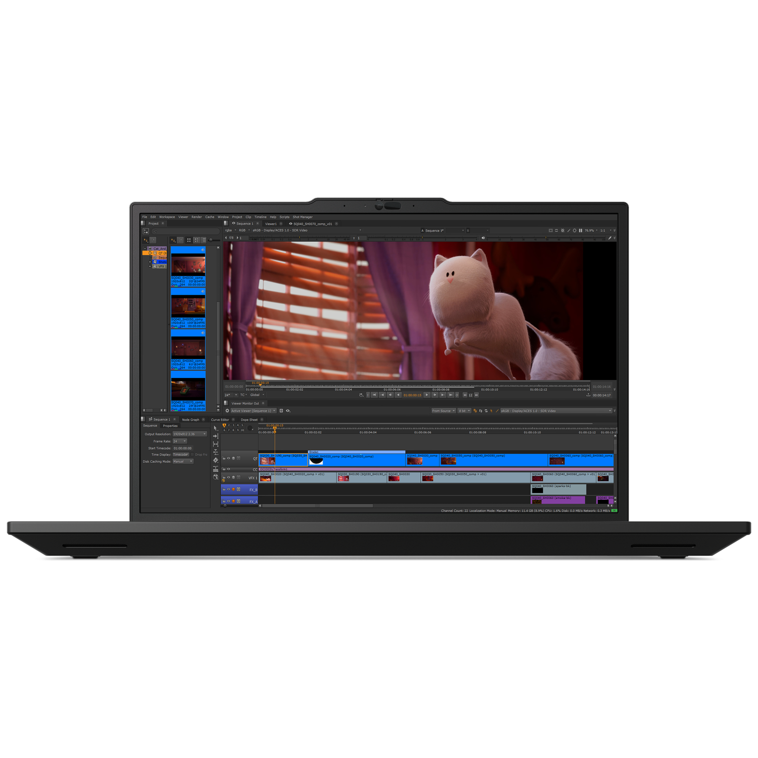 Laptop displaying video editing software with a cartoon cat. Timeline and editing tools are visible.