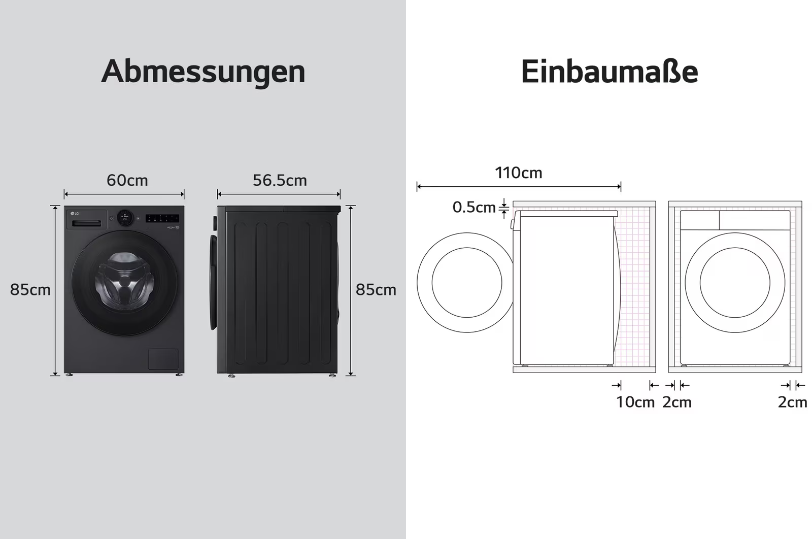 Diagramm einer schwarzen LG-Waschmaschine mit Abmessungen. Zeigt Vorder-, Seitenansichten und Einbaumaße in cm.