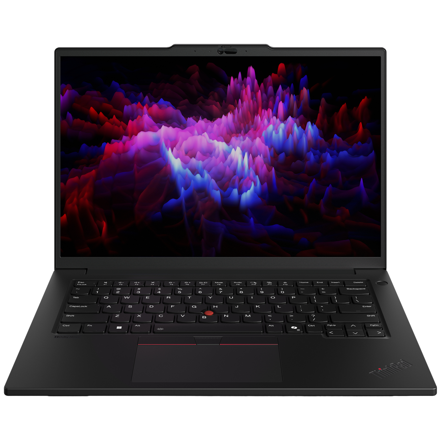 Een zwarte ThinkPad-laptop is open. Het scherm toont een kleurrijk, abstract ontwerp. Het toetsenbord is zwart met rode accenten.