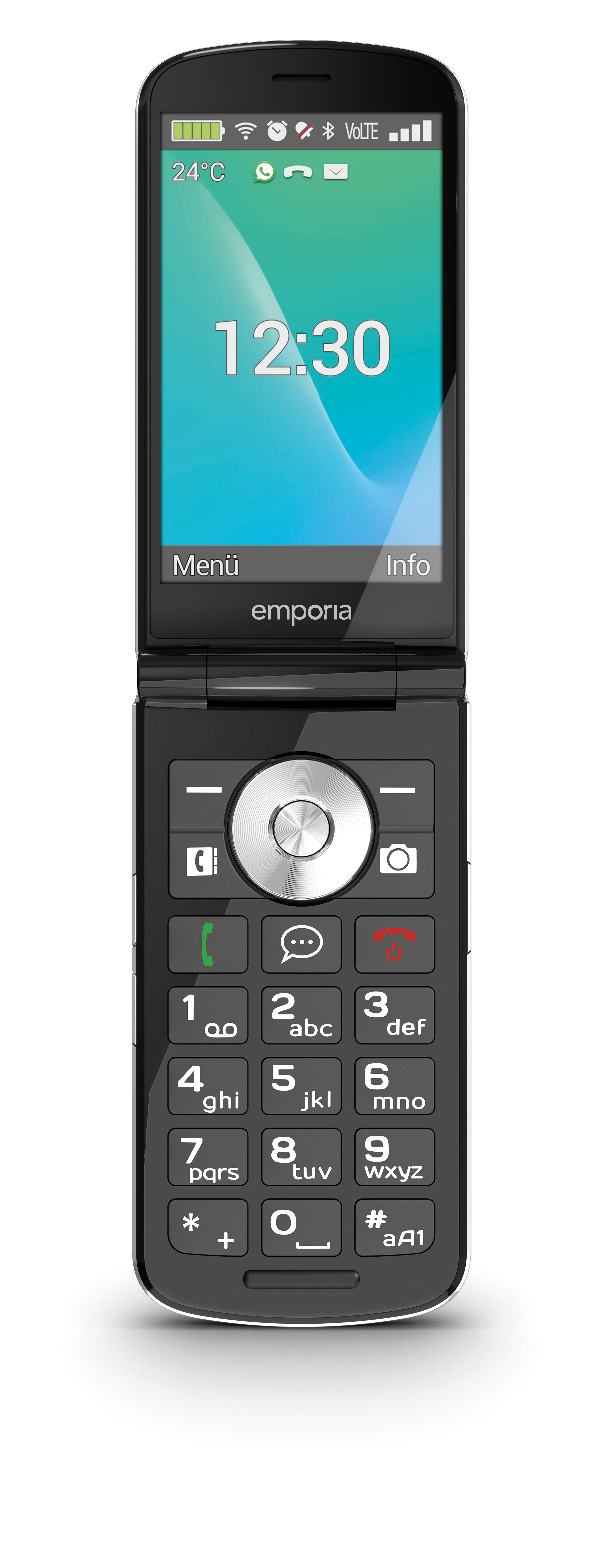 Ein schwarzes Klapphandy ist geöffnet und zeigt die Uhrzeit 12:30 Uhr an. Der Markenname 'emporia' ist sichtbar. Es hat eine Tastatur und einen Bildschirm.