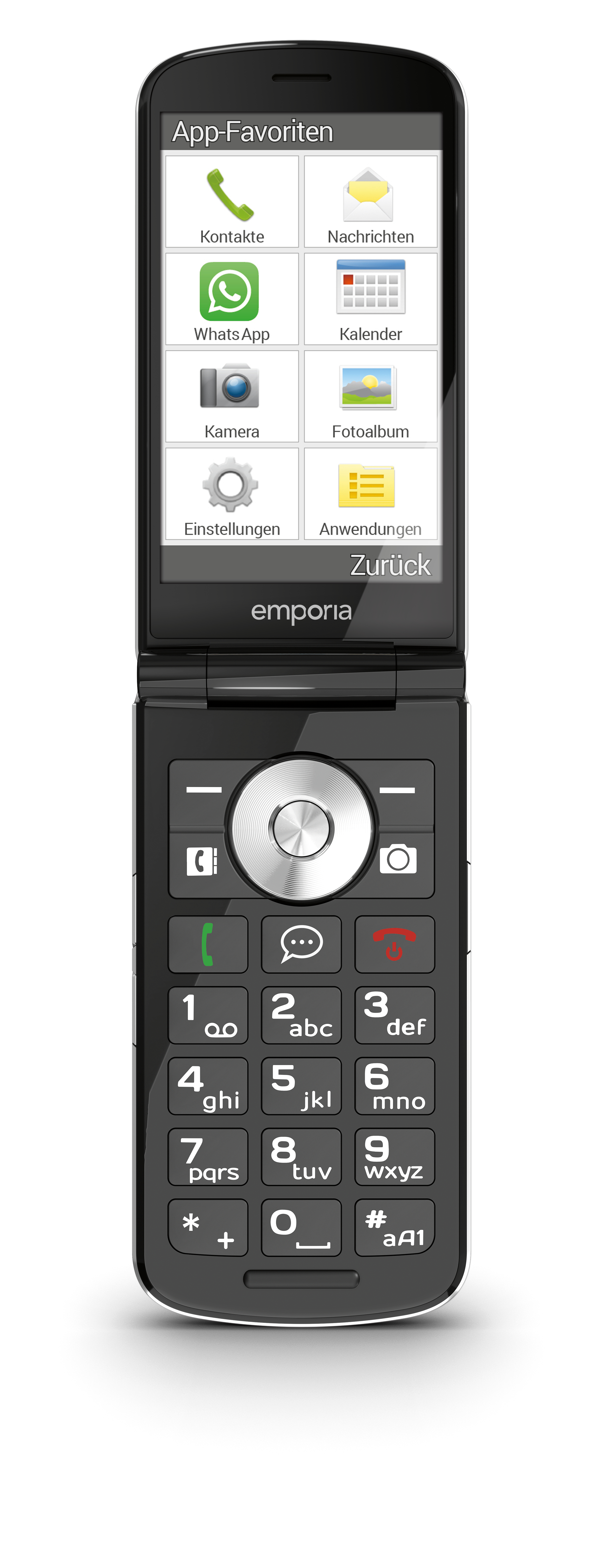 Ein schwarzes Klapphandy, geöffnet. Der Bildschirm zeigt App-Symbole. Unten befindet sich eine Tastatur.