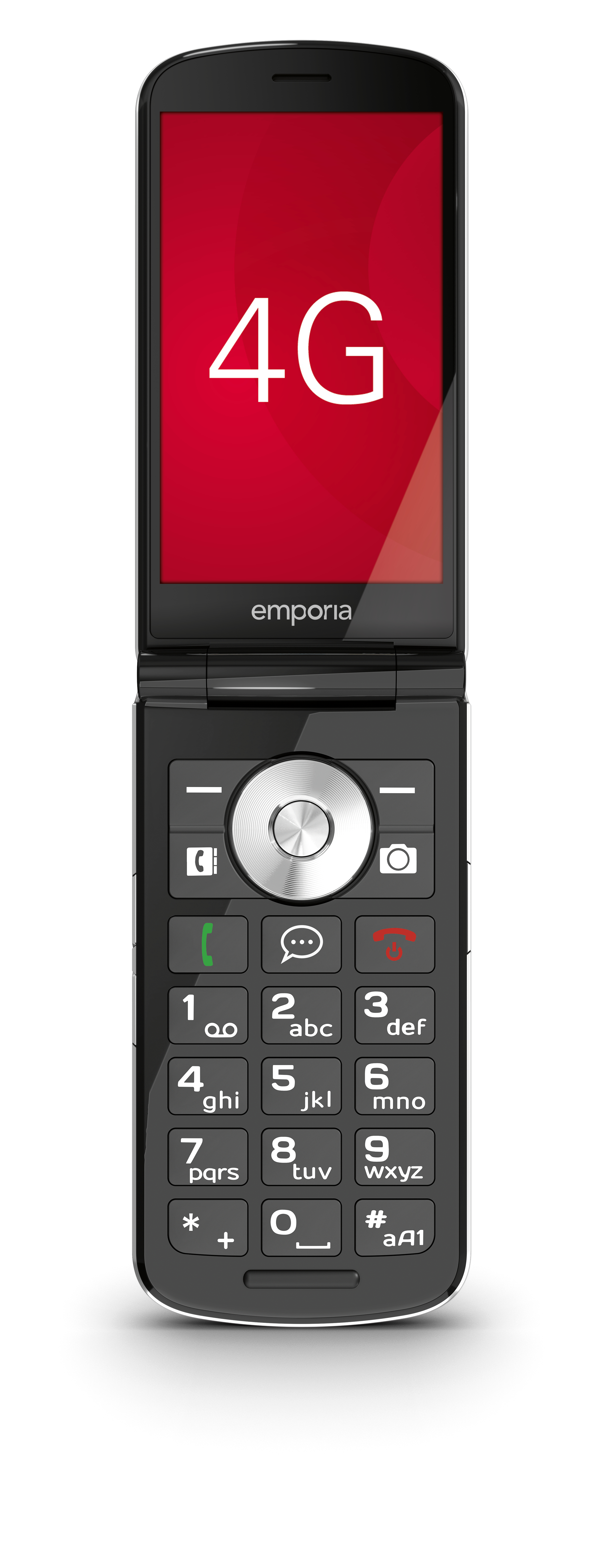 Ein schwarzes Klapphandy mit rotem Bildschirm, auf dem '4G' steht. Große Tasten. Marke 'emporia' sichtbar.