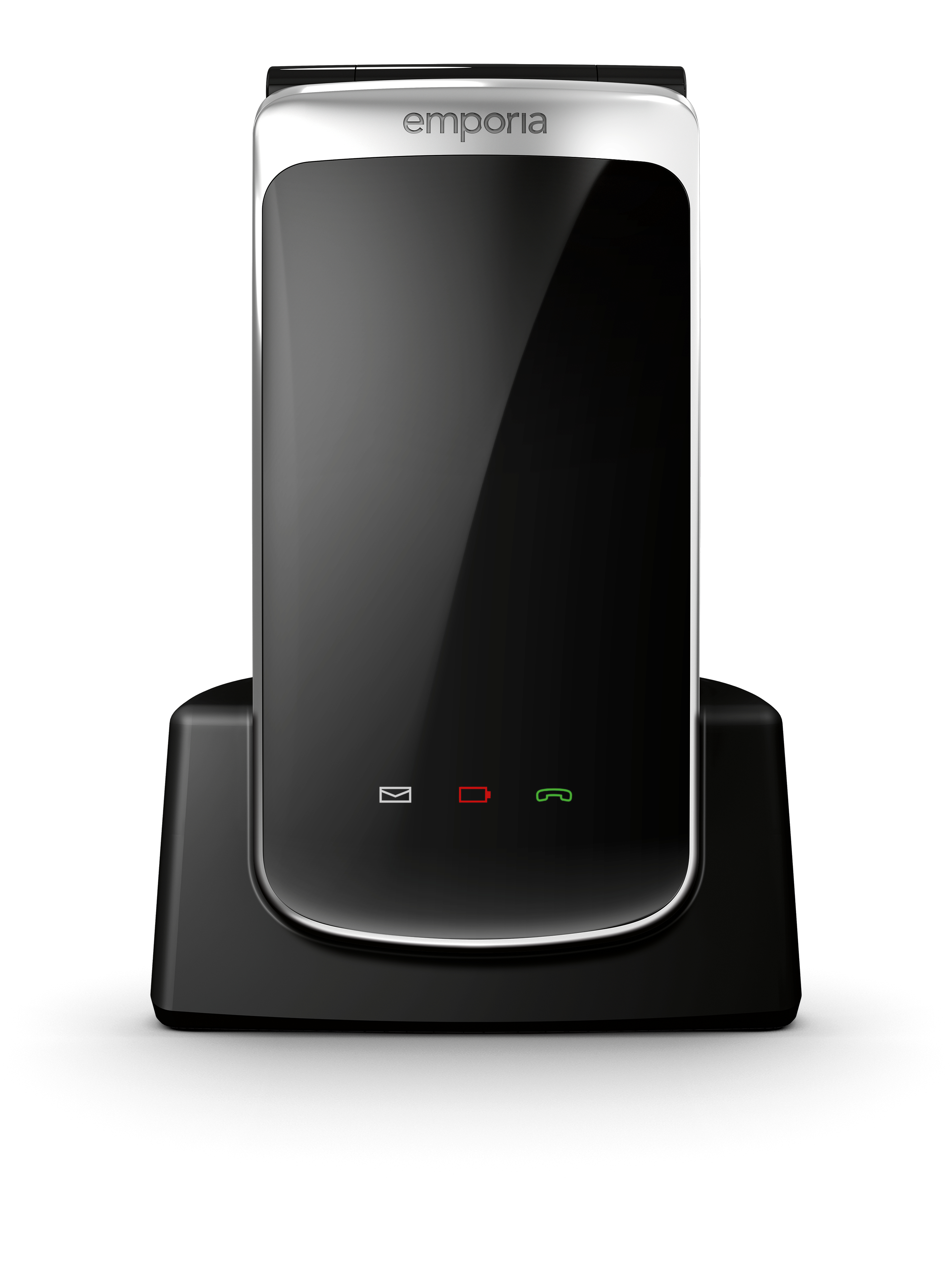 Ein schwarzes Smartphone ist in einer schwarzen Halterung angedockt. Das Telefon hat einen schwarzen Bildschirm und silberne Zierleisten. Die Marke ist Emporia.