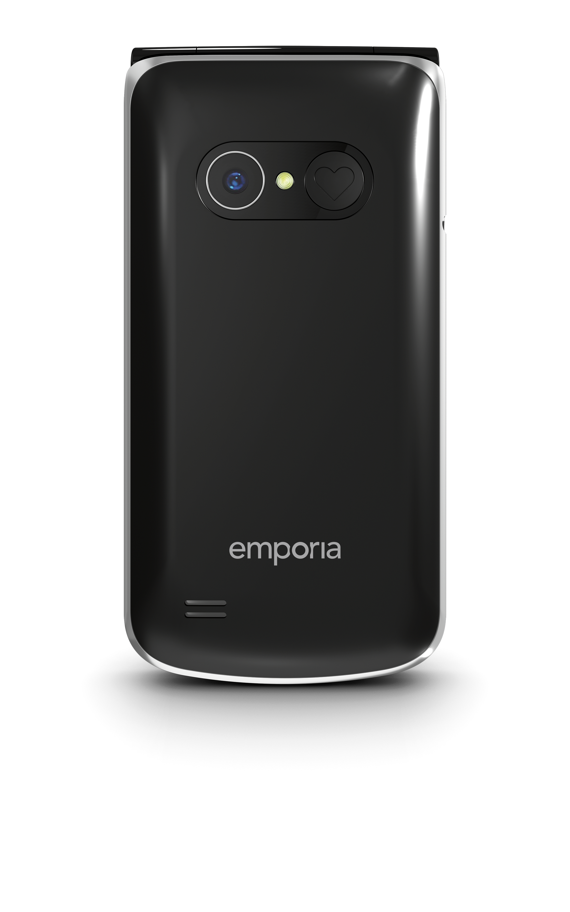 Schwarze Telefonrückseite mit Kamera, Herzknopf und Logo auf Weiß. Silberne Zierleiste. Marke Emporia.