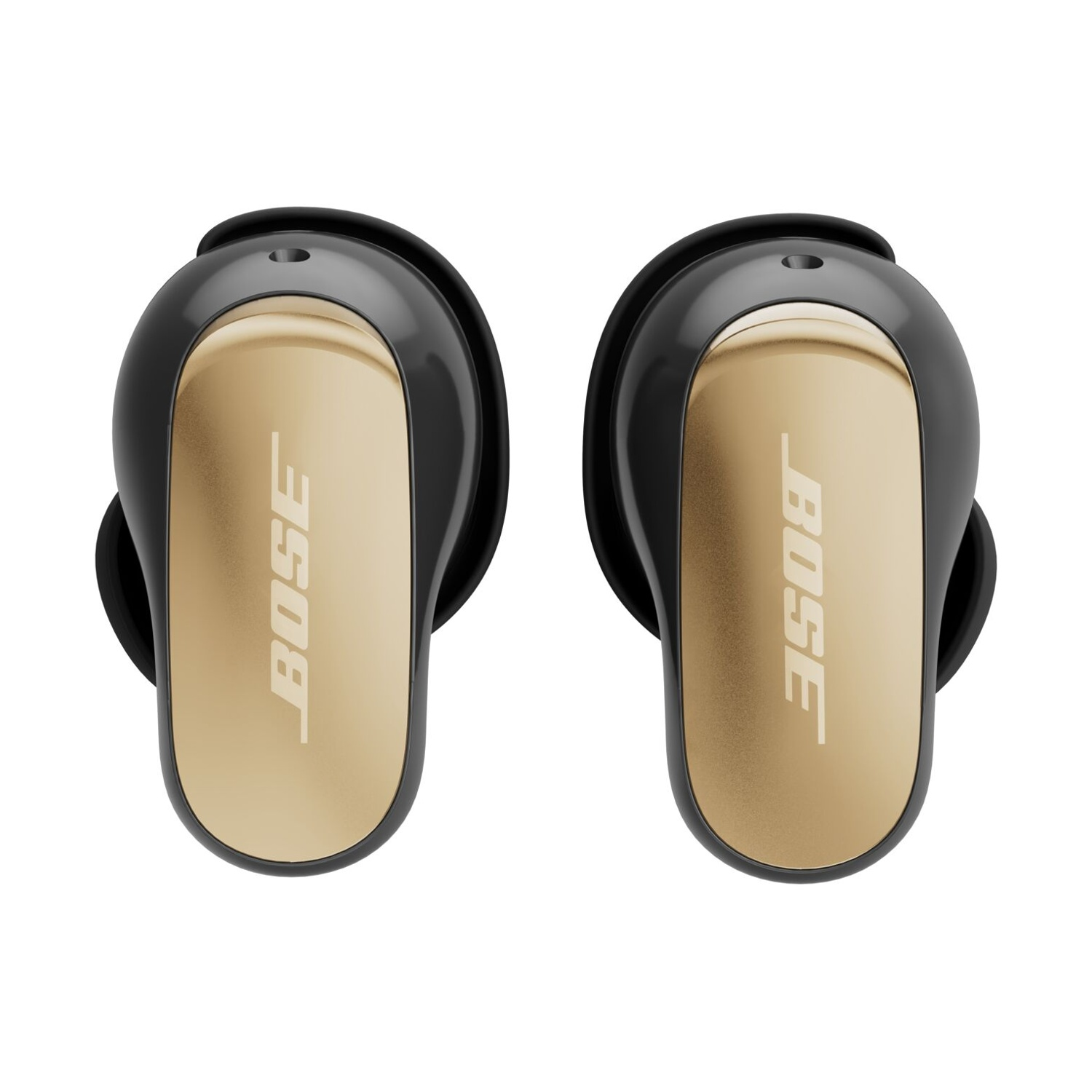 Due auricolari Bose neri e dorati. Ognuno ha un centro dorato con il logo Bose e un guscio esterno nero.