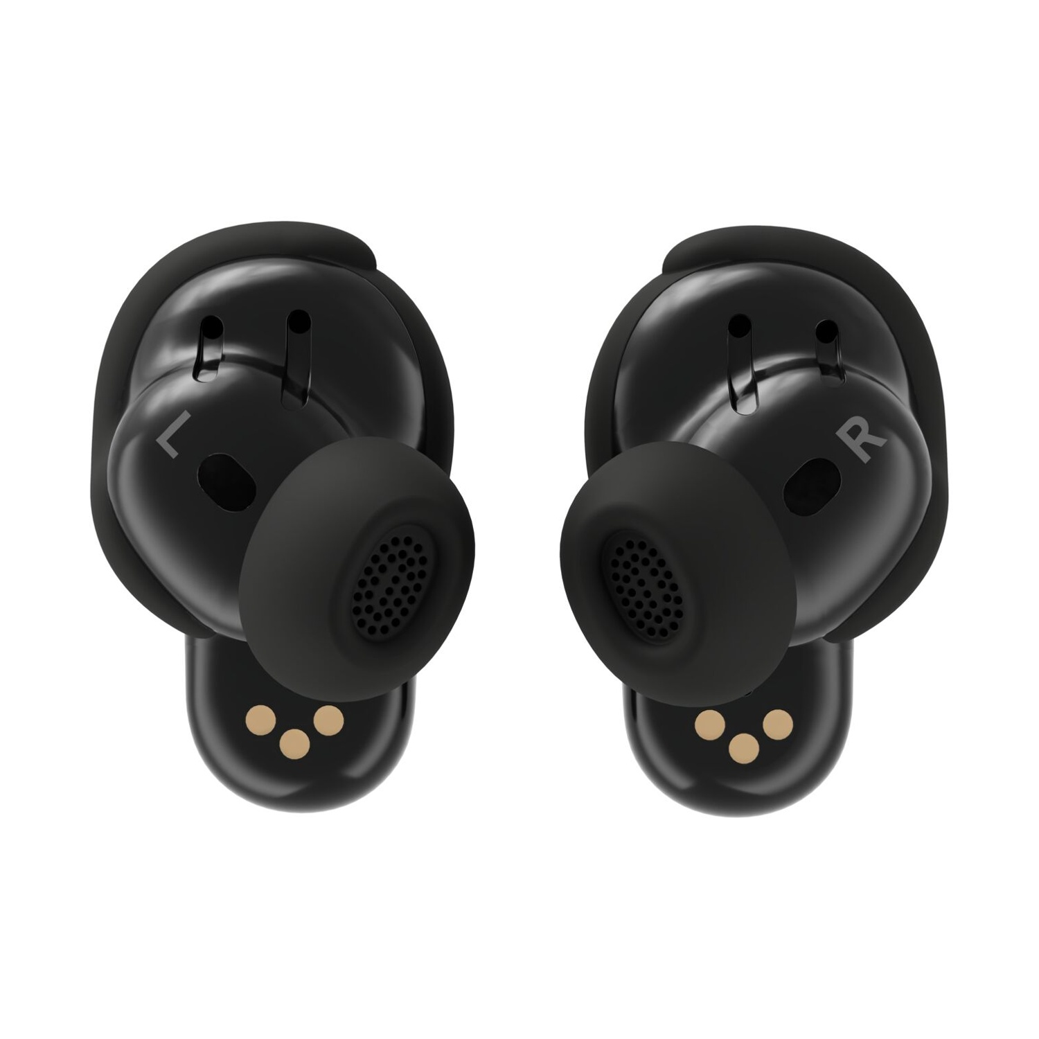 Due auricolari wireless neri. Uno con l'etichetta 'L', l'altro 'R'. Ognuno ha un altoparlante rotondo e tre punti dorati sotto.