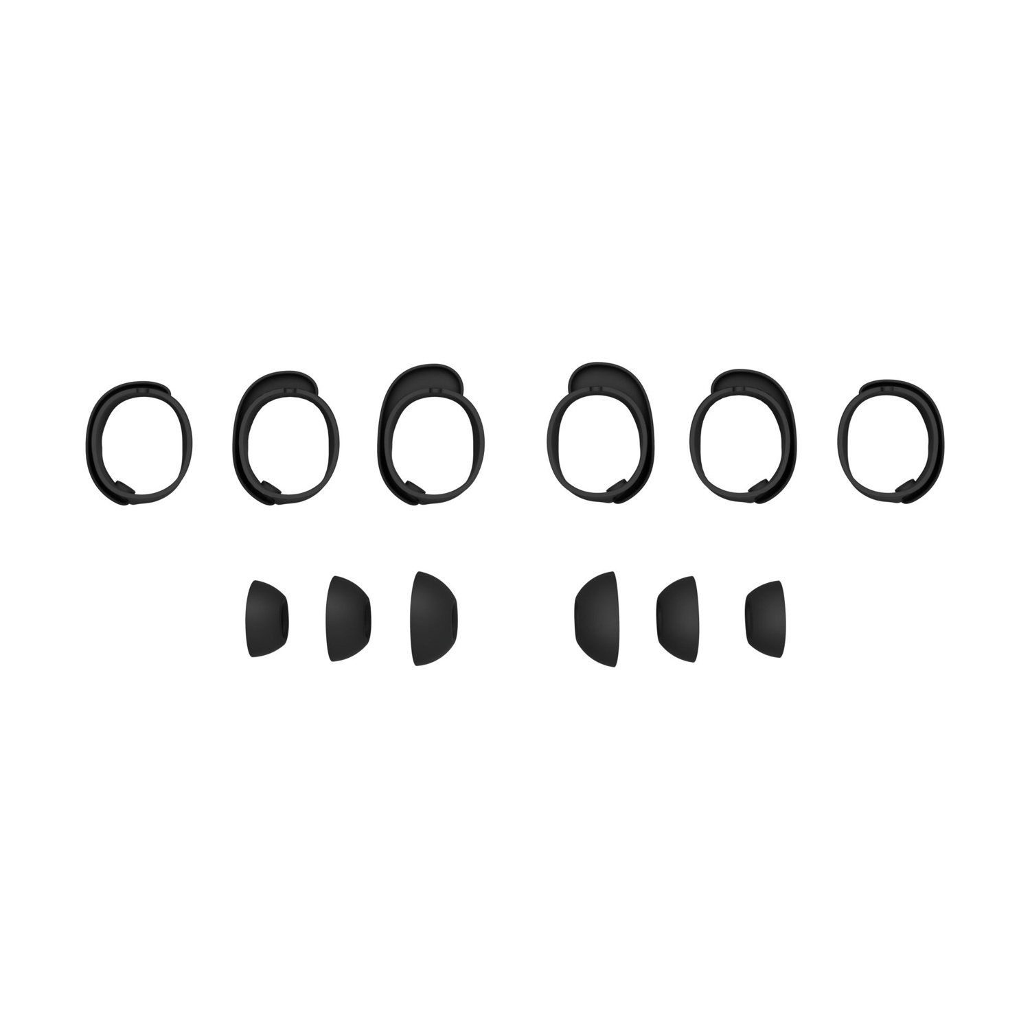 L'immagine mostra sei auricolari neri e tre paia di gommini neri su sfondo bianco. Tutti gli elementi sono isolati.