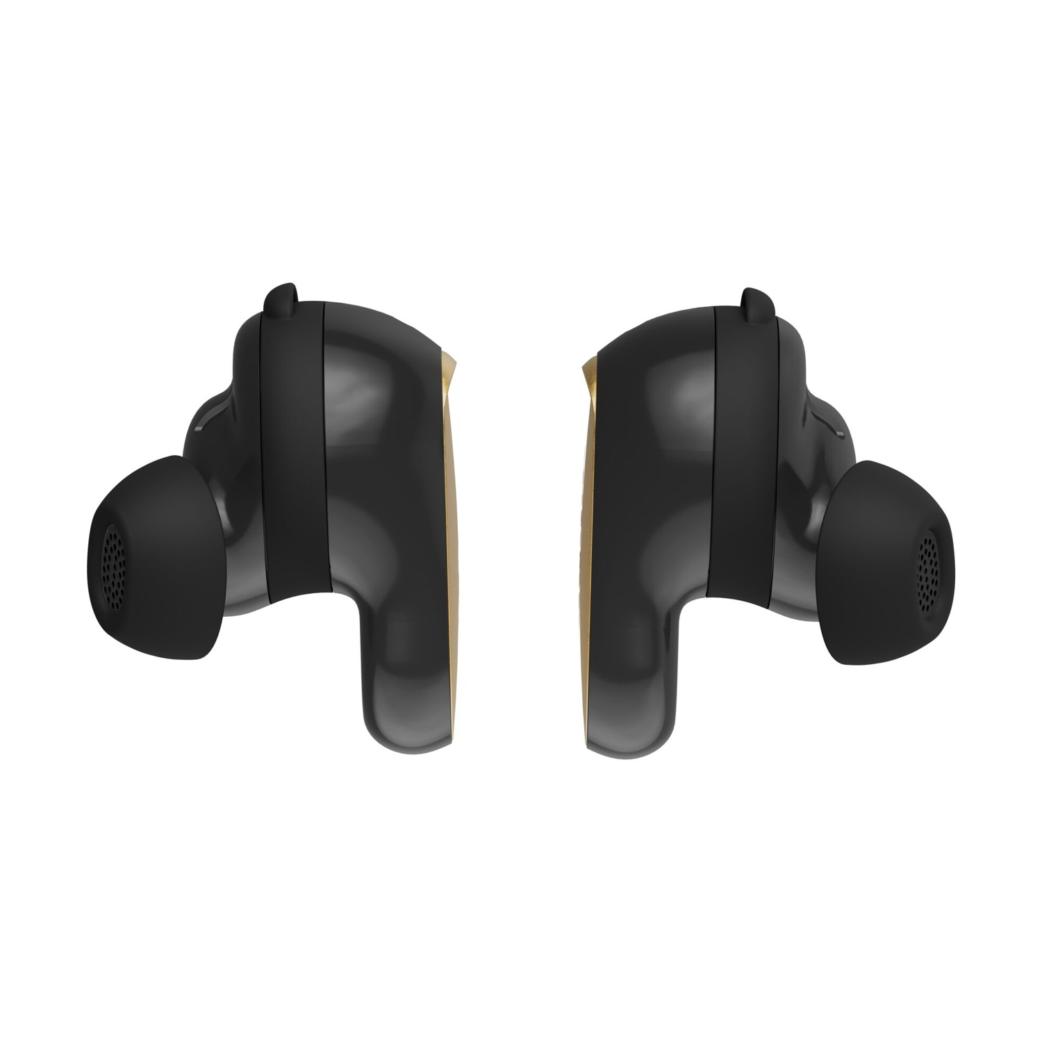 Due auricolari wireless neri, con dettagli dorati su sfondo bianco. Ogni auricolare ha una forma arrotondata e un piccolo inserto auricolare.