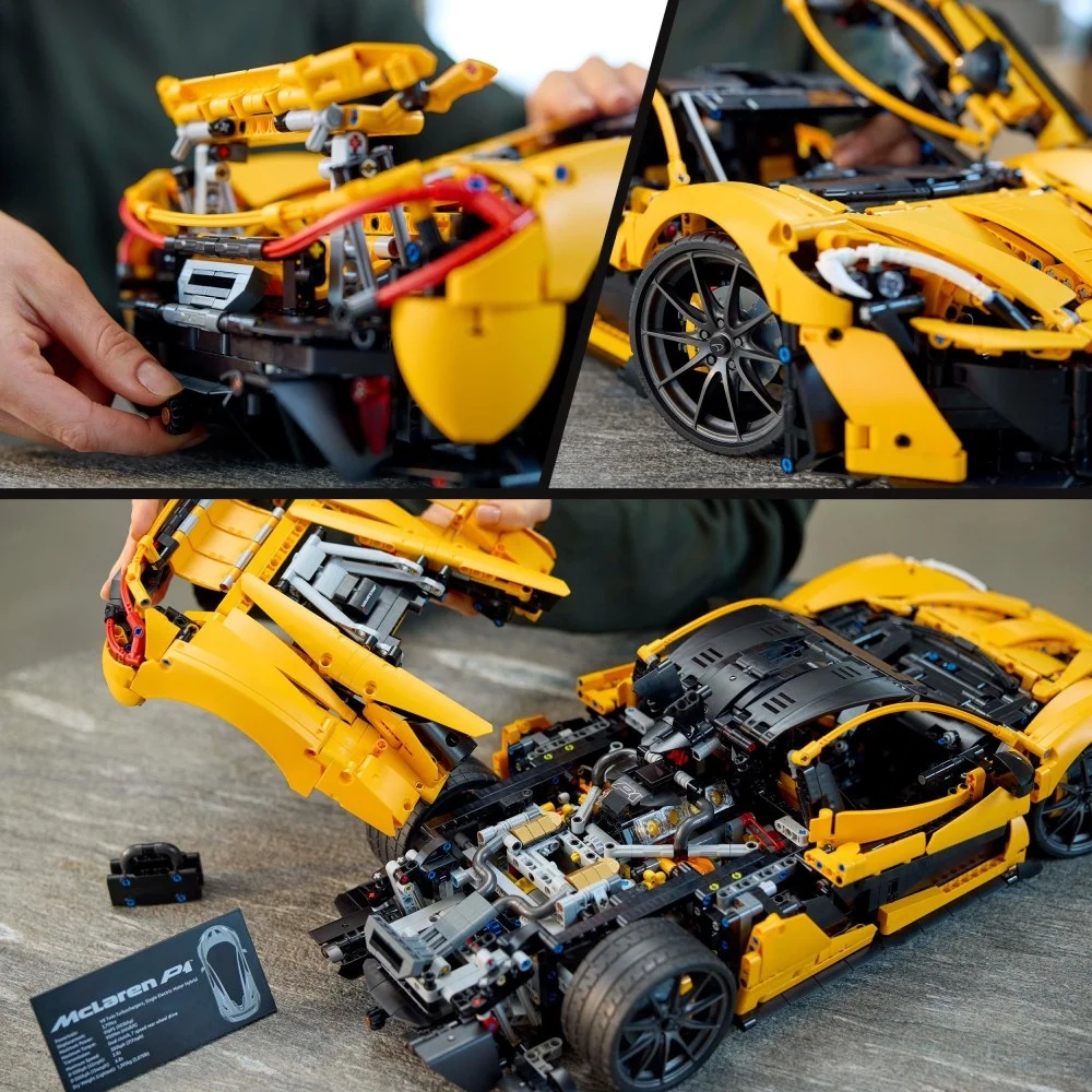 Samochód Lego McLaren P1 jest montowany. Jest żółty z czarnymi akcentami. Części trzymane są w rękach, a maska ​​jest otwarta.