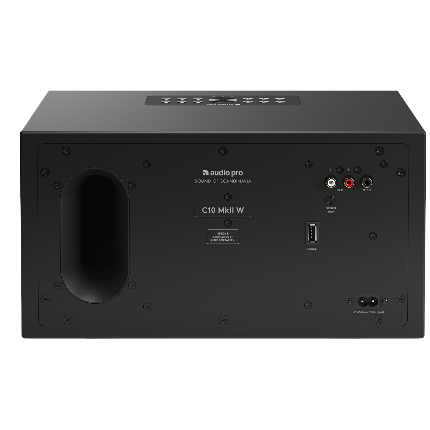 Zwarte Audio Pro-luidspreker. Kenmerken zijn een subwoofer, ingangs-/uitgangspoorten, USB en bedieningsknoppen. Tekst luidt 'C10 MkII W' en 'Audio Pro'.