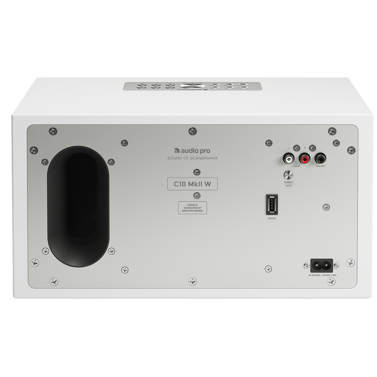Achterkant witte audiospeaker met zwarte poort, zilveren paneel en ingangen. Tekst bevat 'audio pro' en 'C10 MkII W'. Connectoren en stroompoorten.