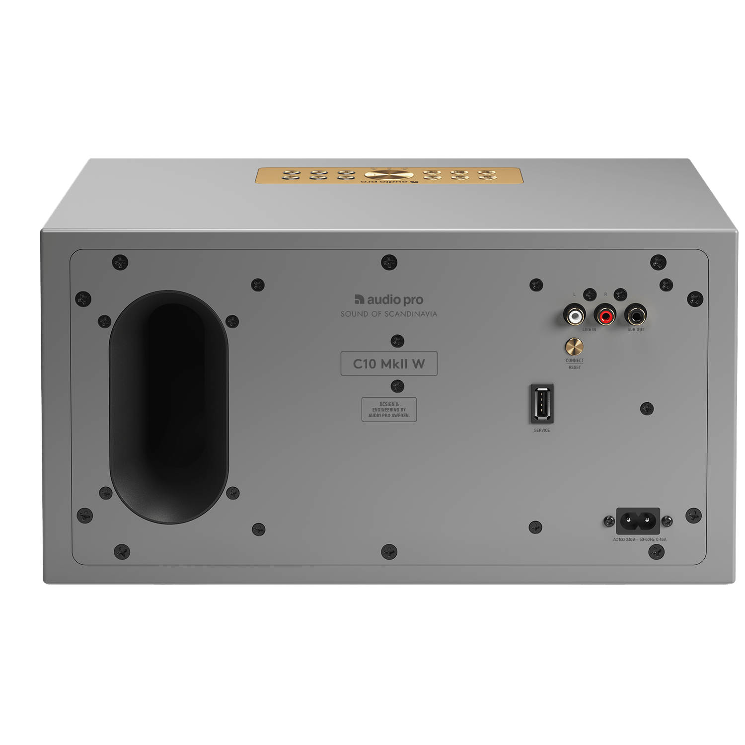 Een grijze Audio Pro-luidspreker met diverse poorten en knoppen aan de achterkant. Inclusief line-in, sub-out, service en een stroomingang.