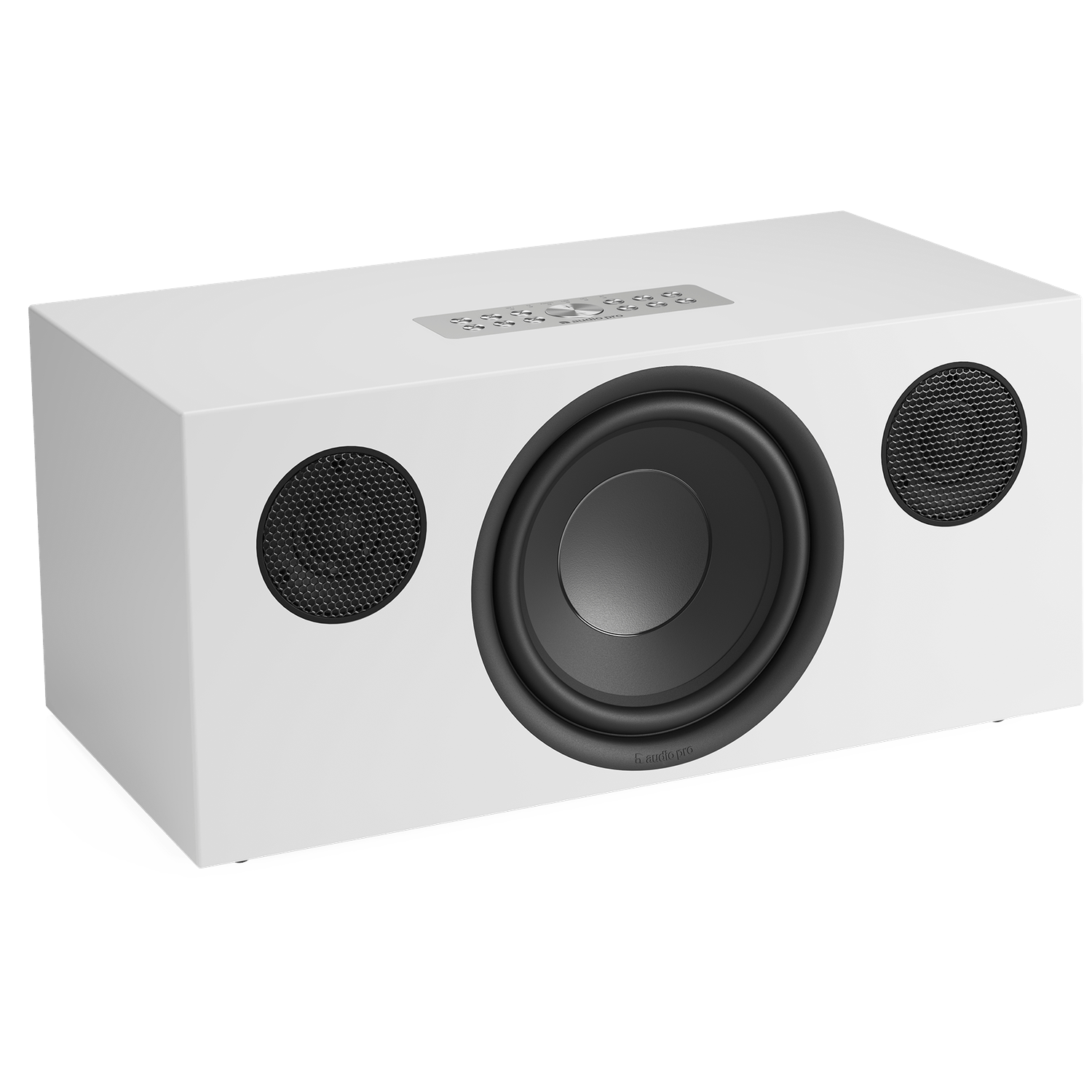 Een witte subwoofer met een grote centrale luidspreker en twee kleinere luidsprekers met gaas. Het Audio Pro-logo is zichtbaar.