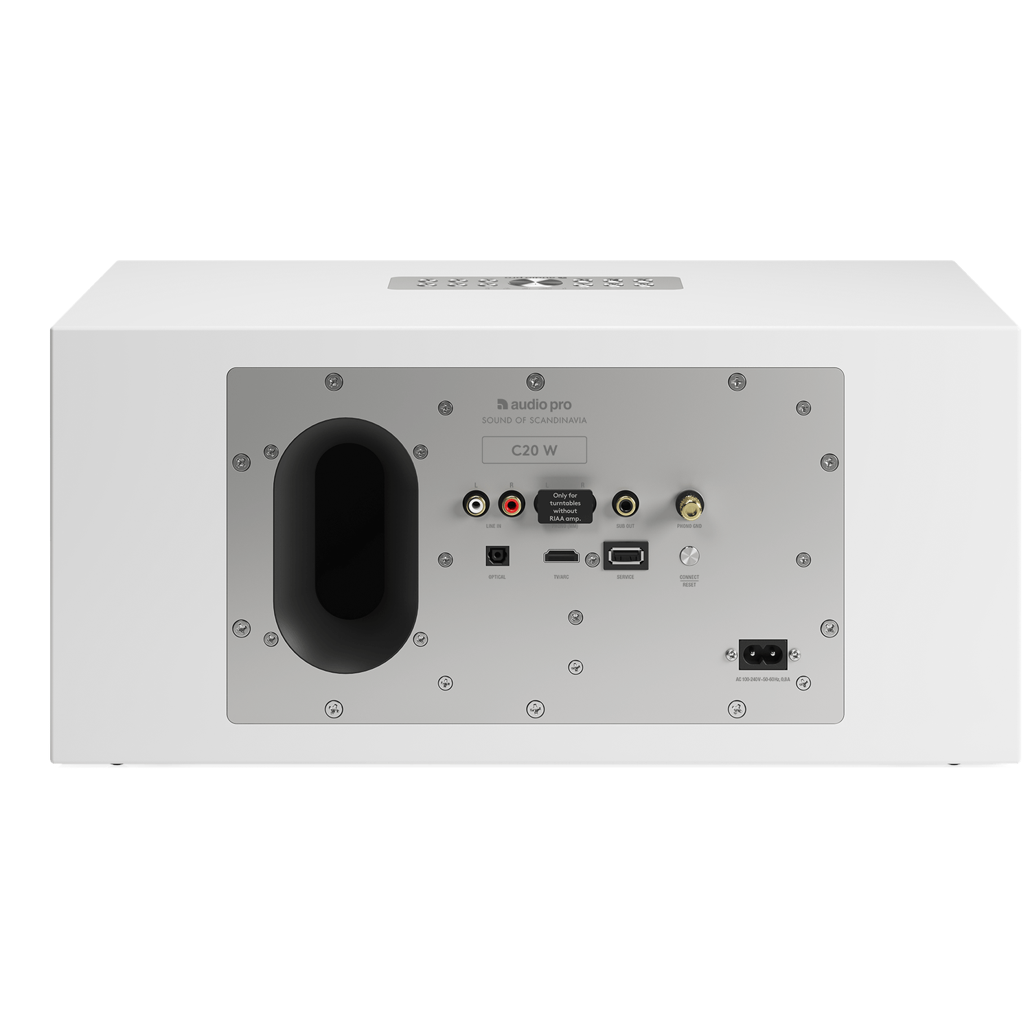 Achterpaneel van een wit audioapparaat. Het heeft verschillende input/output poorten, waaronder Line in, Sub out en Phono GND. De merknaam is zichtbaar.