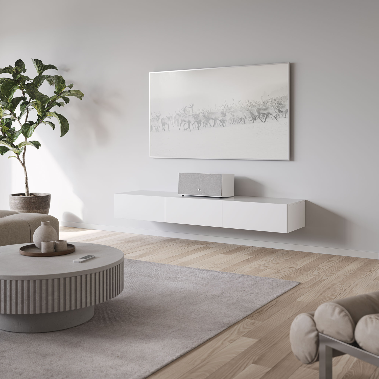 Woonkamer met witte muur, zwevende kast, kunst, luidspreker, ronde salontafel, tapijt, plant en houten vloer.