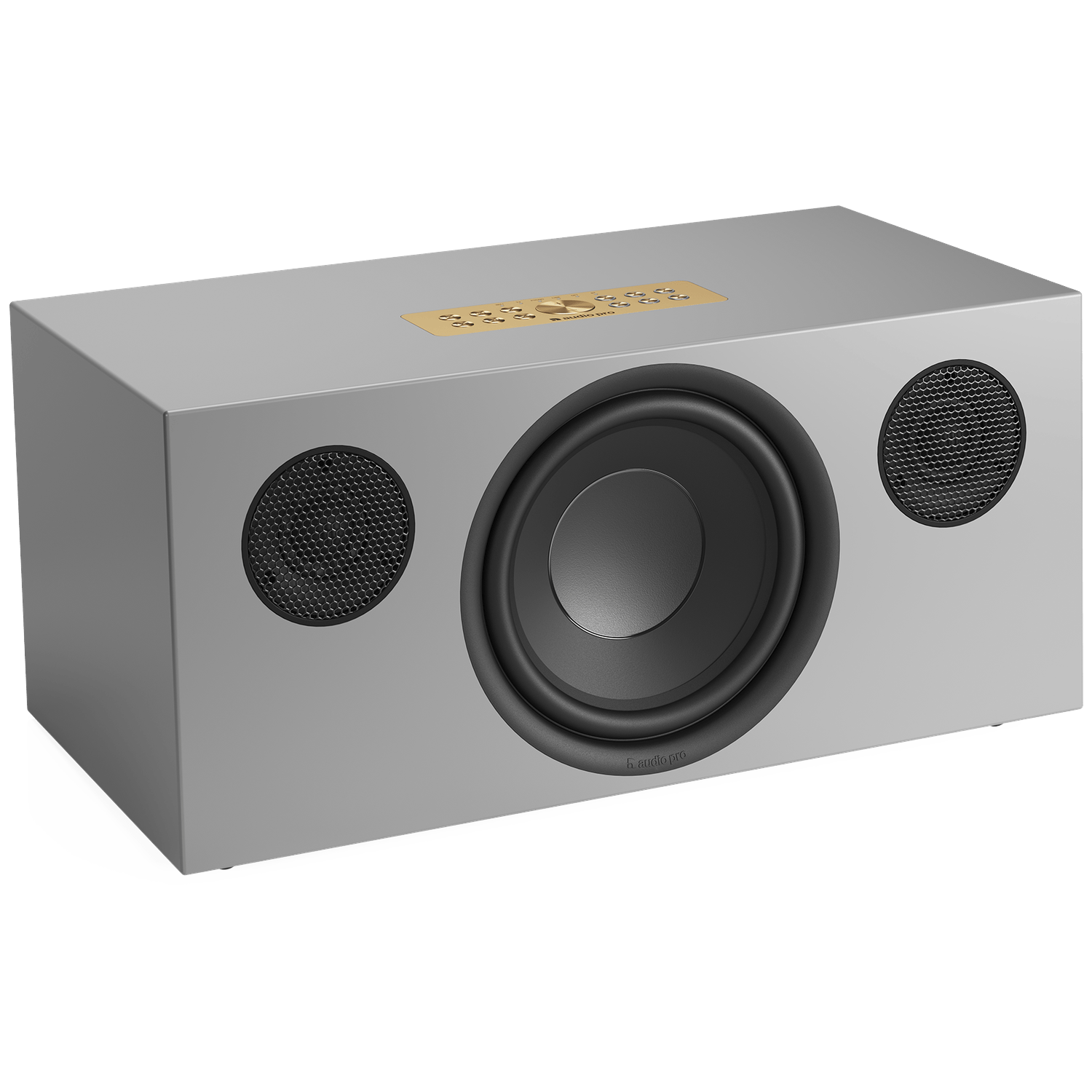 Een rechthoekige grijze subwoofer met een grote centrale luidspreker en twee kleinere zijluidsprekers. Een gouden bedieningspaneel bovenop.