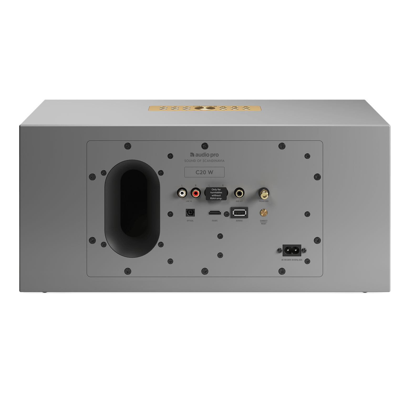 Een grijze Audio Pro C20 W-luidspreker toont poorten: line-in, sub out, optisch en meer. Tekst bevat 'SOUND OF SCANDINAVIA'.