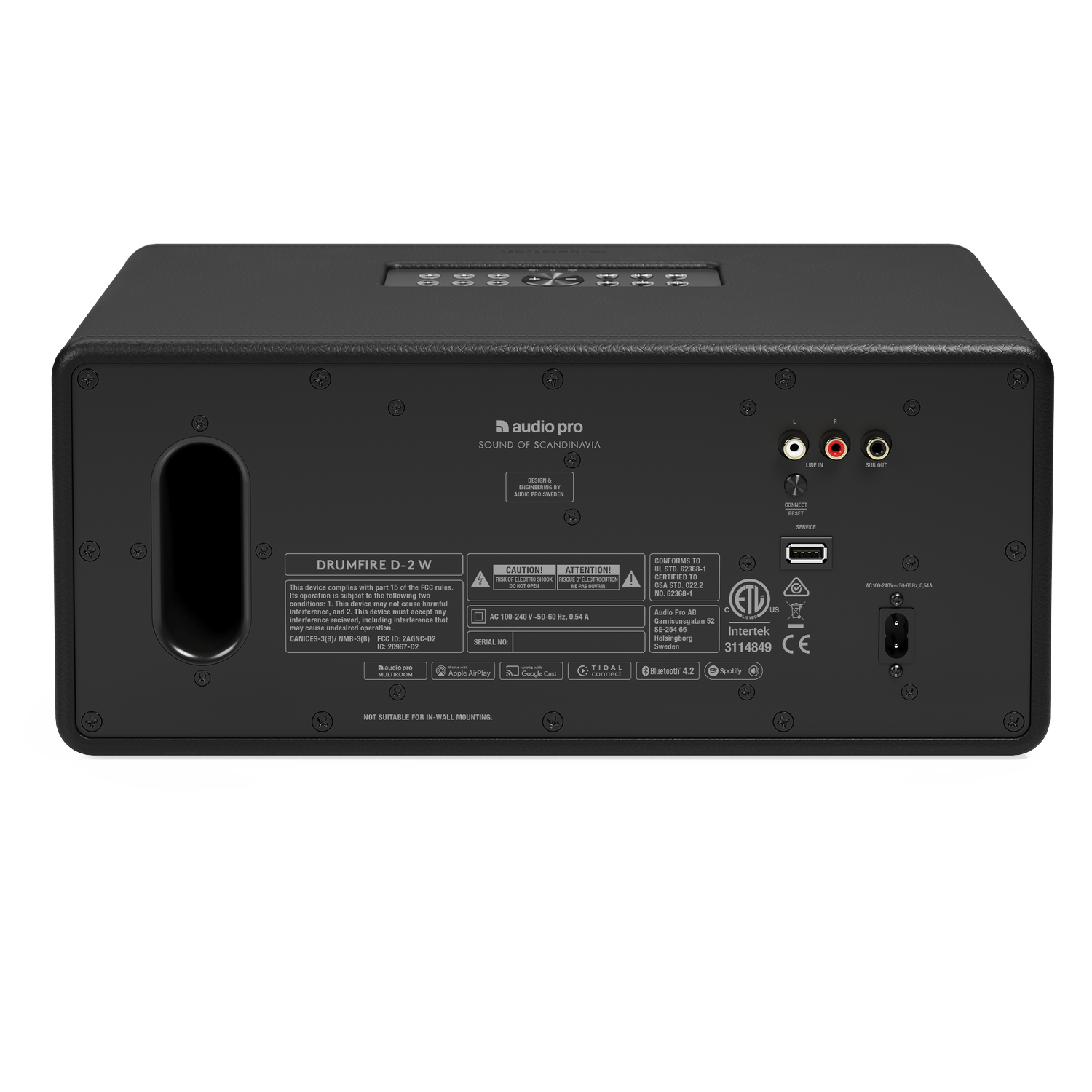 Zwarte audiospeaker, achteraanzicht. Bevat poorten, knoppen en labels. Voorzien van 'Audio Pro' en 'Drumfire D-2 W' branding.