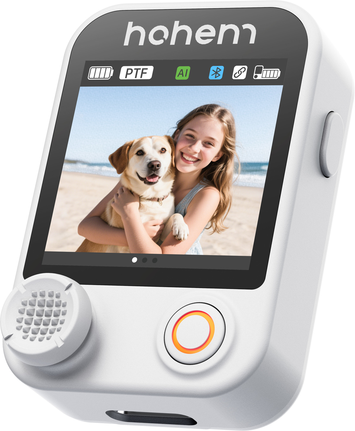 Ein weißes Handgerät zeigt ein Mädchen, das einen Hund am Strand umarmt. Das Gerät hat einen Bildschirm, Knöpfe und einen Lautsprecher.